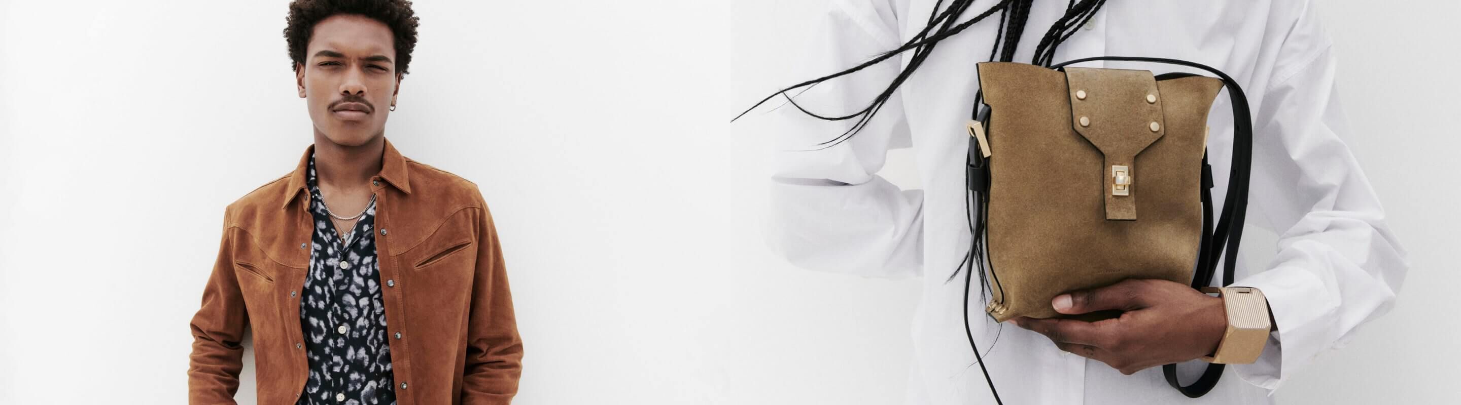 À gauche, photo dun mannequin homme portant une chemise imprimée et une veste en cuir suédé et à droite un gros plan sur un mannequin femme portant une chemise blanche et portant un sac porté épaule en cuir suédé.