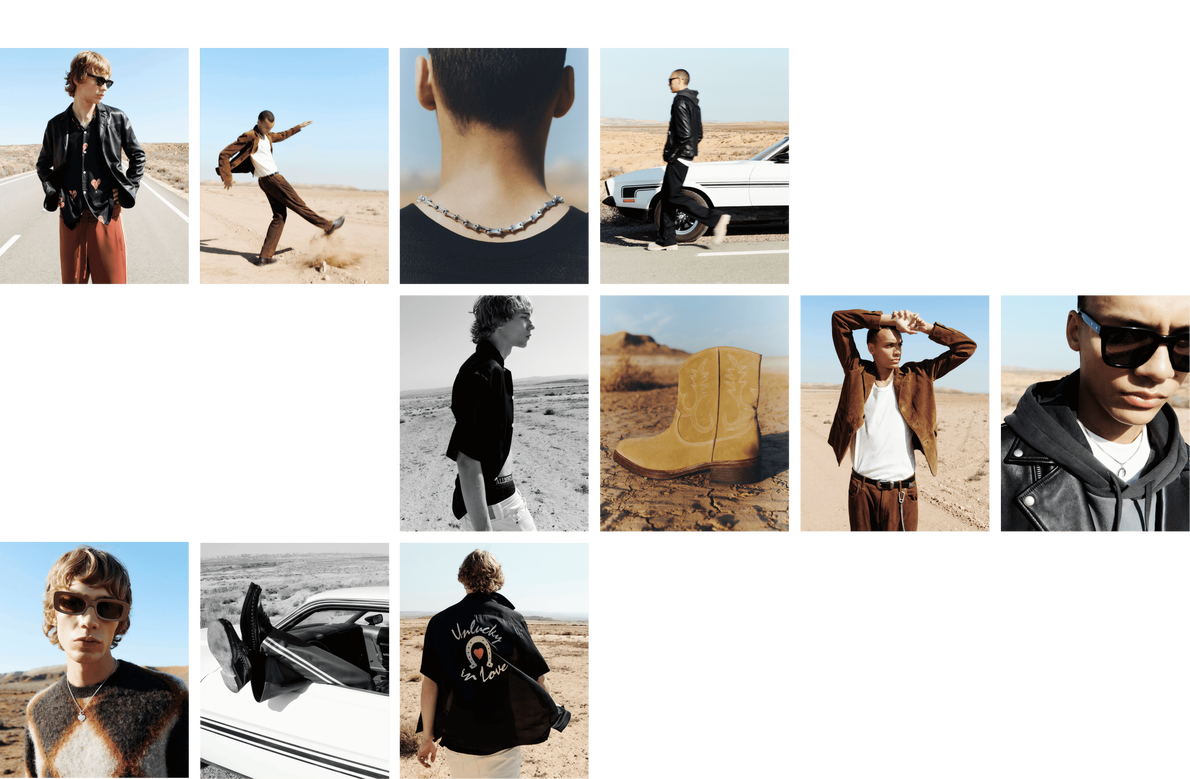 Collage aus Fotos, die männliche Models zeigen, die in Artikeln aus unserer Frühlingskollektion in der Wüste posieren.