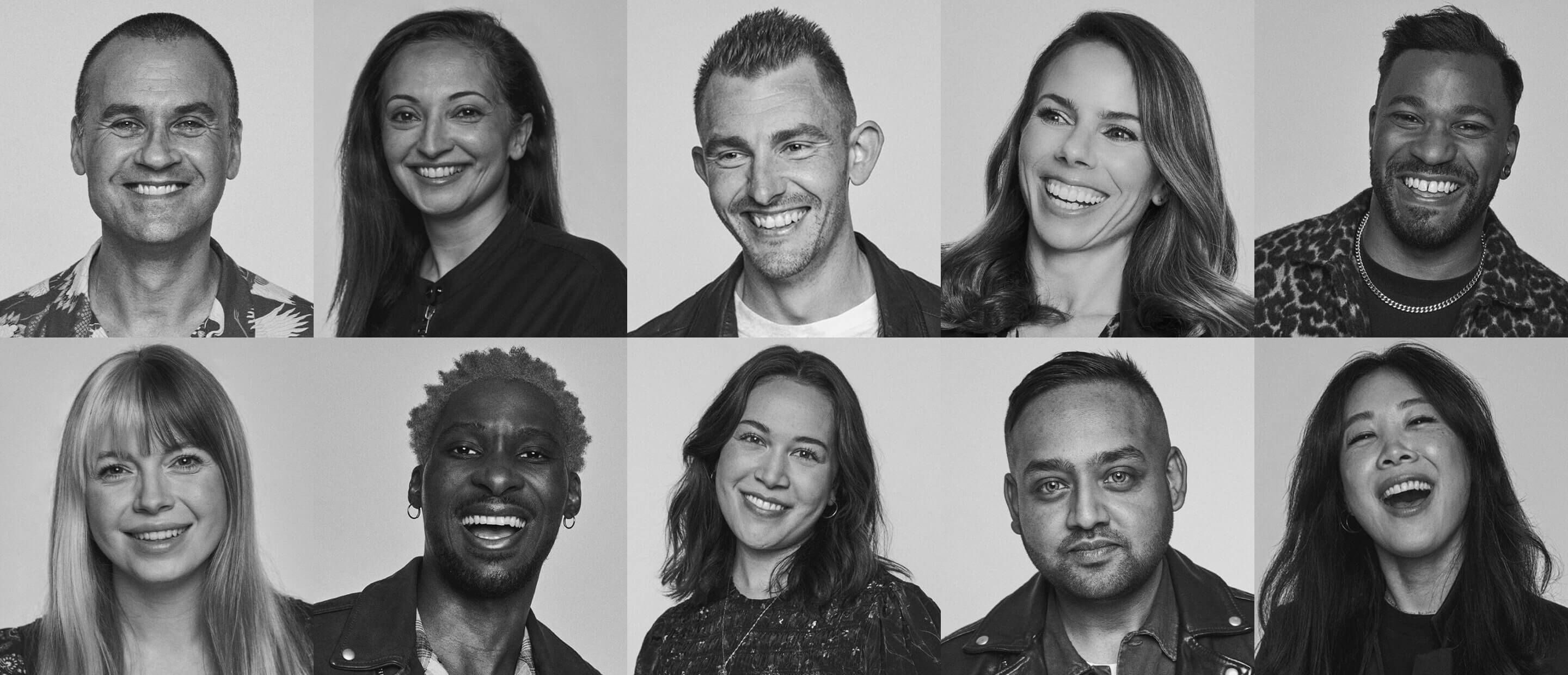 Un collage noir et blanc de photos montrant des employés AllSaints souriant.