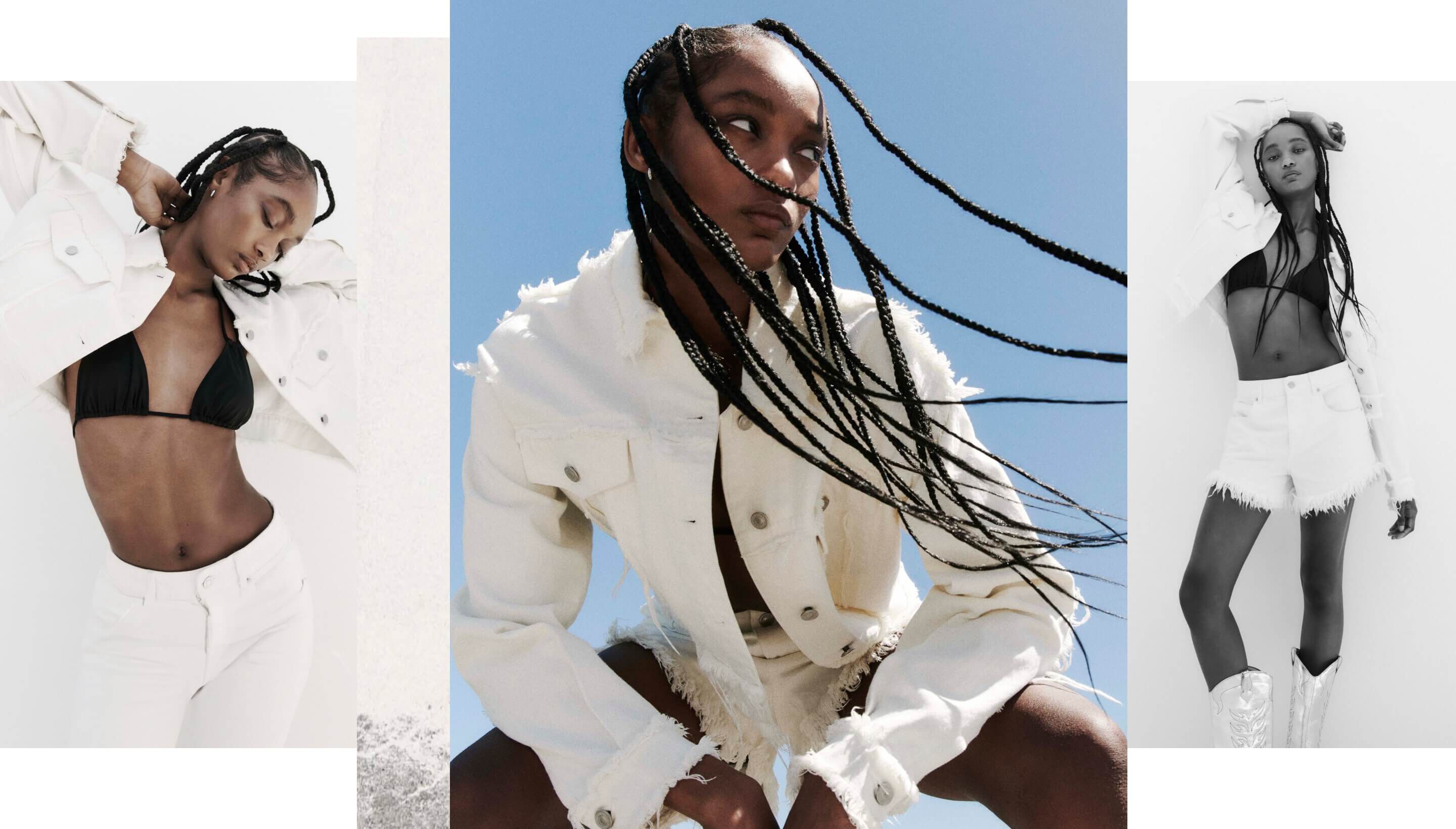 Collage aus drei Fotos, die eine Frau zeigen, die eine weiße, ausgefranste Jeansjacke mit ausgefransten weißen Shorts und einem schwarzen Bikinioberteil trägt