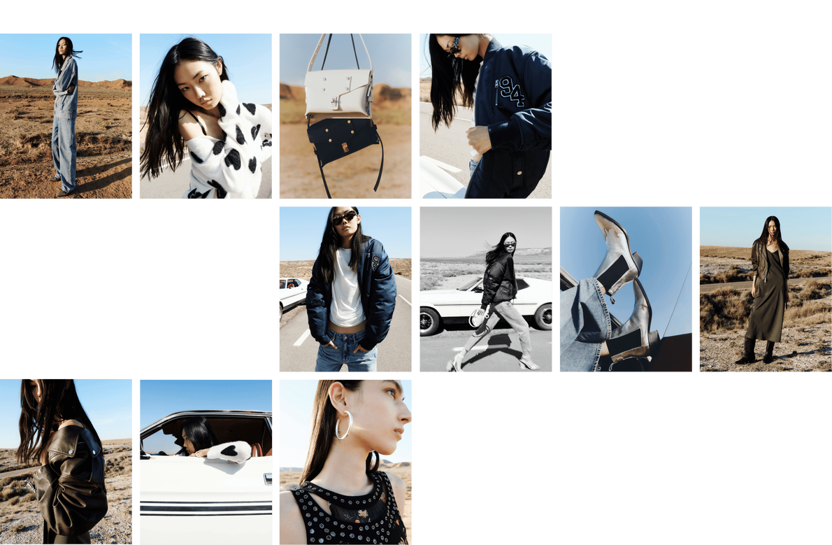 Collage aus Fotos, die weibliche Models zeigen, die in Artikeln aus unserer Frühlingskollektion in der Wüste posieren.