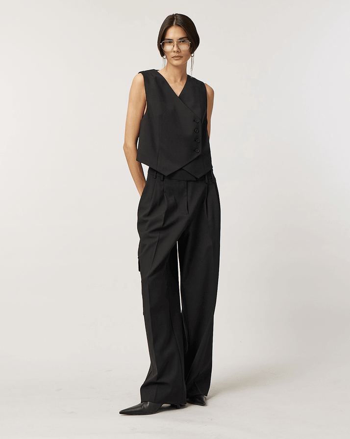 Woman Wearing Black Tailored Waistcoat and Trousers