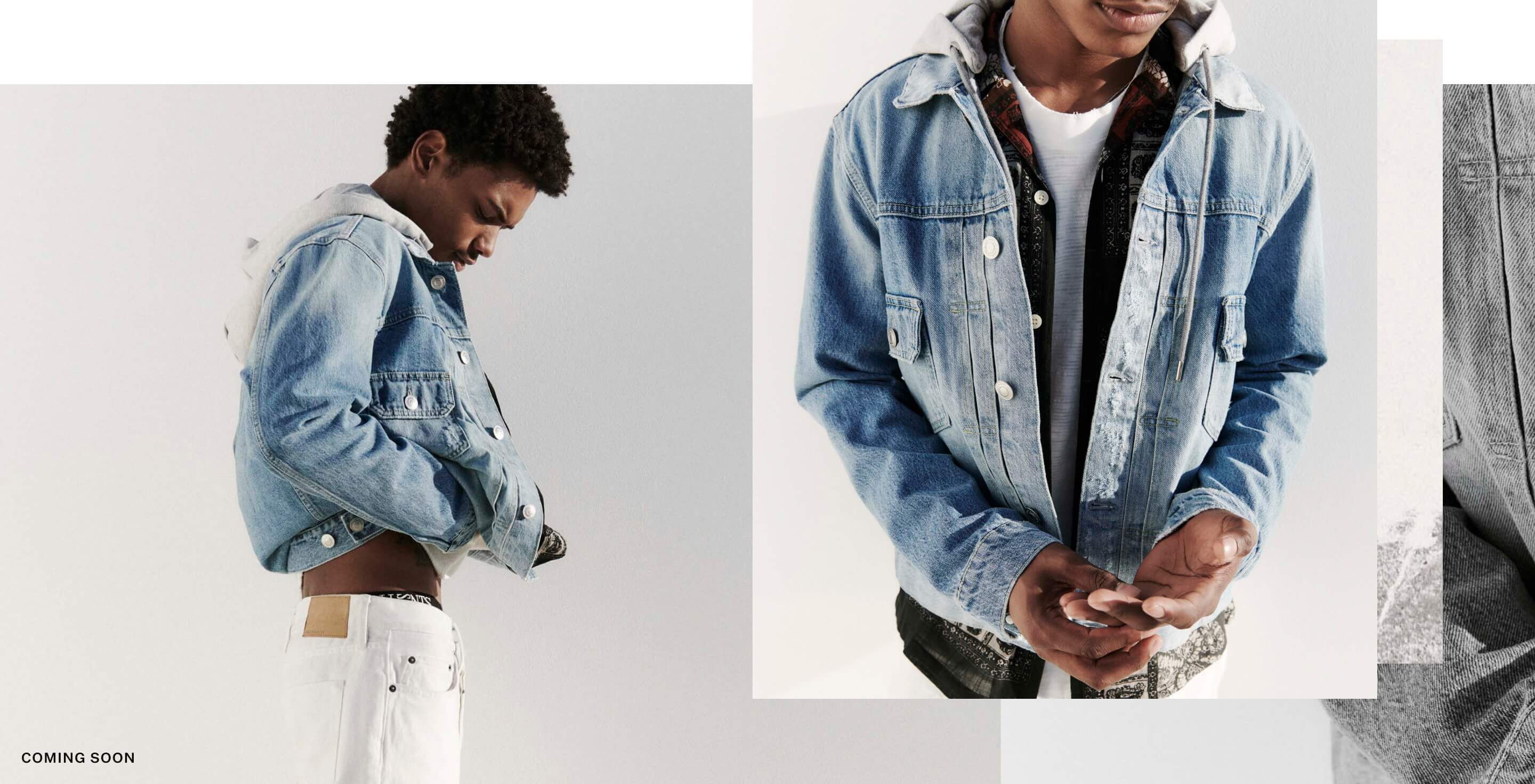 A collage of three photographs showing a model wearing a hooded light blue denim jacket over an open printed shirt and white jeans standing in front of a beige wall