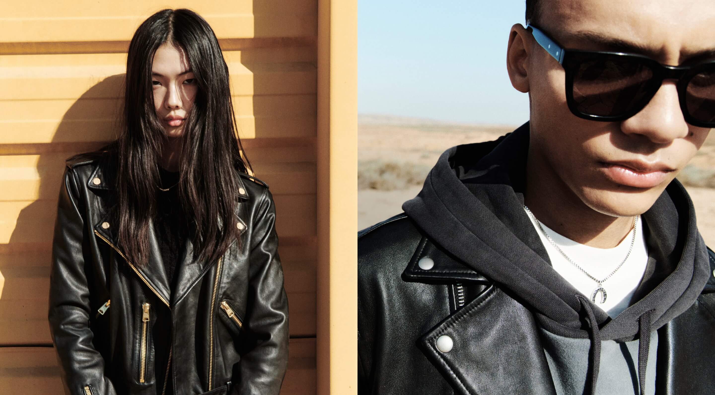 Two portraits of a woman and a man wearing leather jackets from our collection.