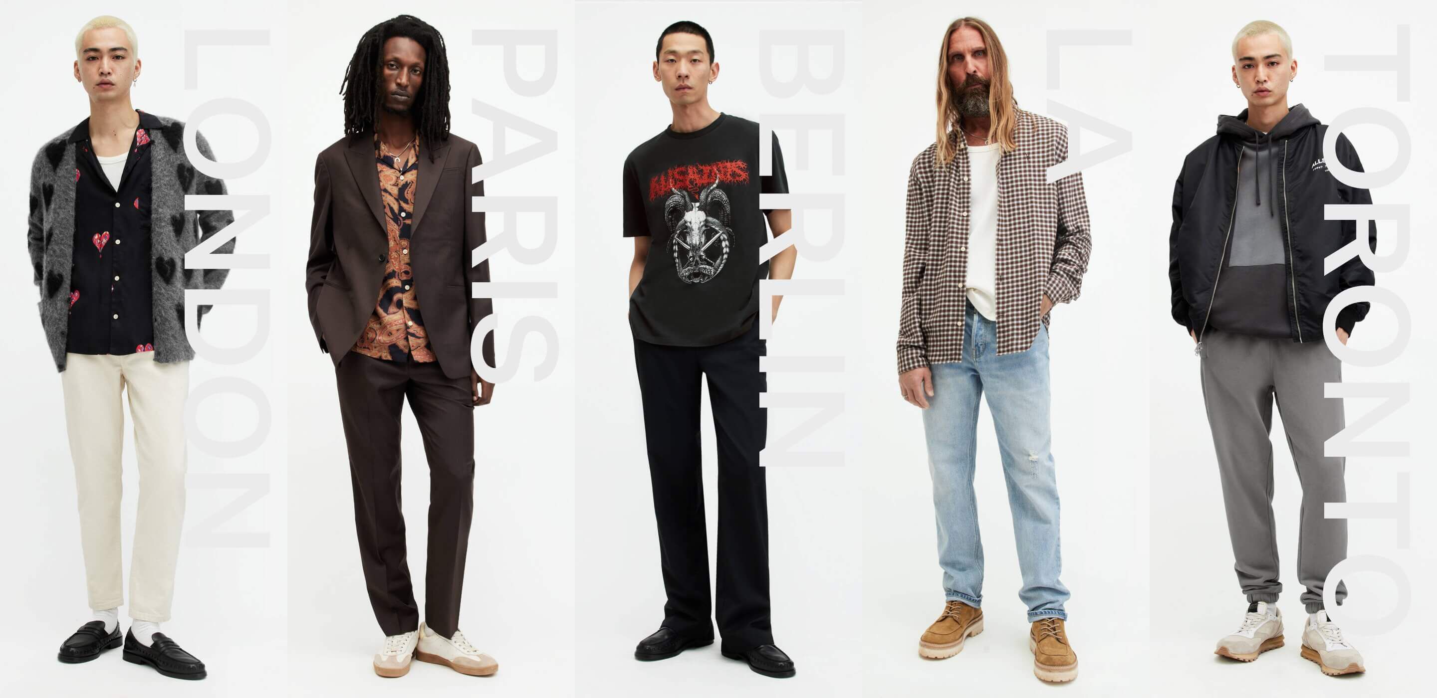 Collage de différents mannequins masculins posant dans nos vêtements inspirés de 5 villes du monde.