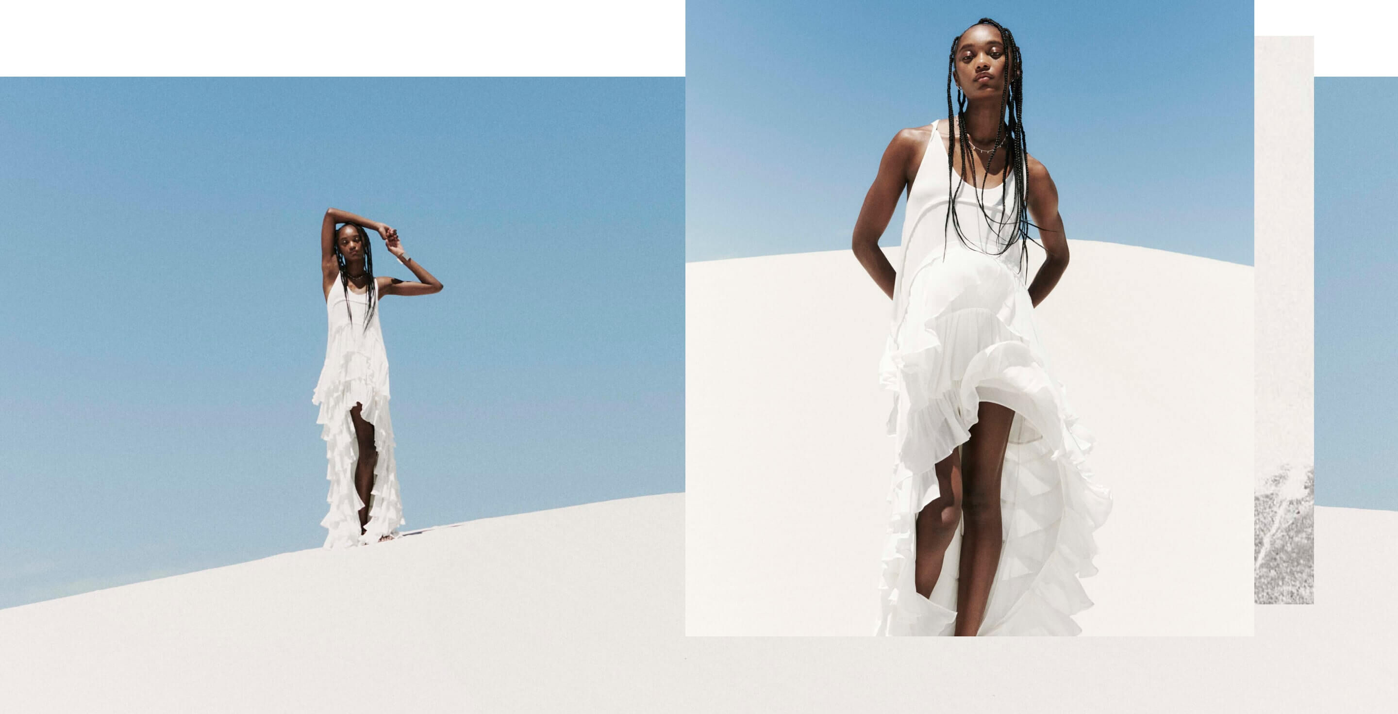 Collage aus zwei Fotografien, die eine Frau in einem langen, gerüschten, asymmetrischen Kleid zeigen, die auf einer weißen Düne vor einem blauen Himmel steht