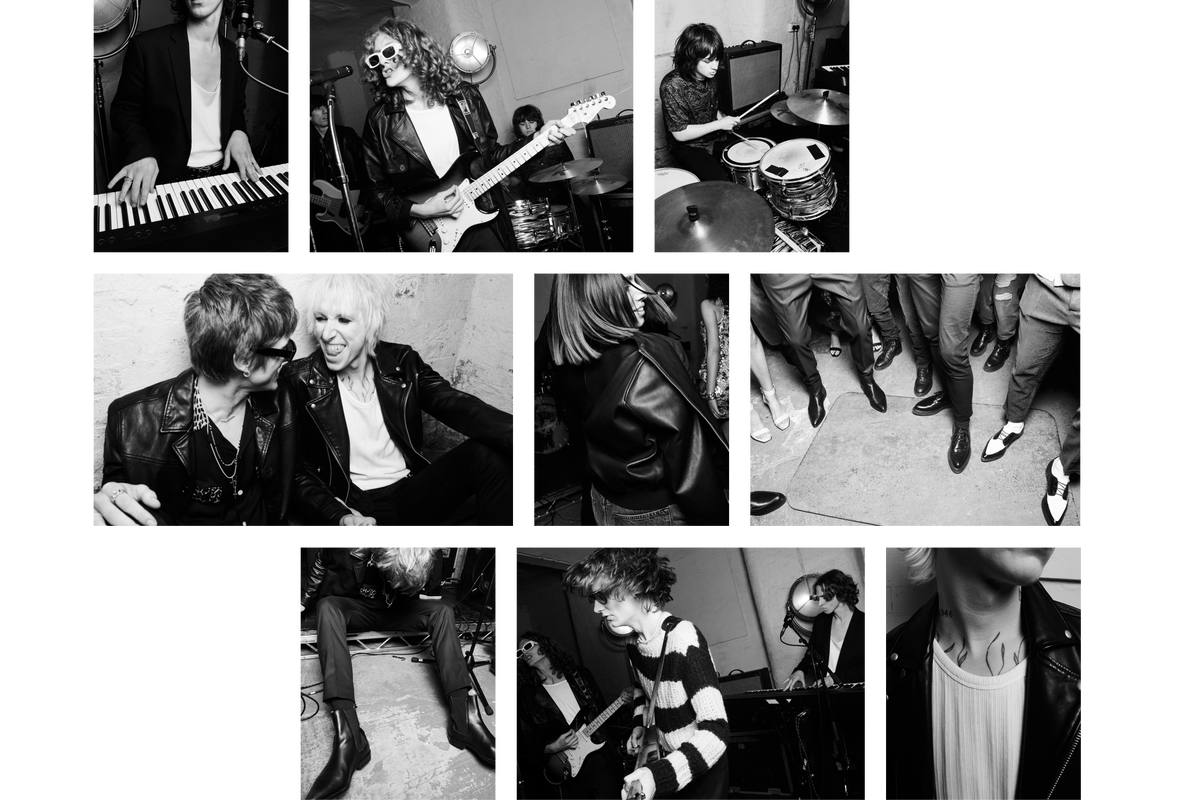 A collage of black and white photographs picturing a band playing and people dancing at a party.