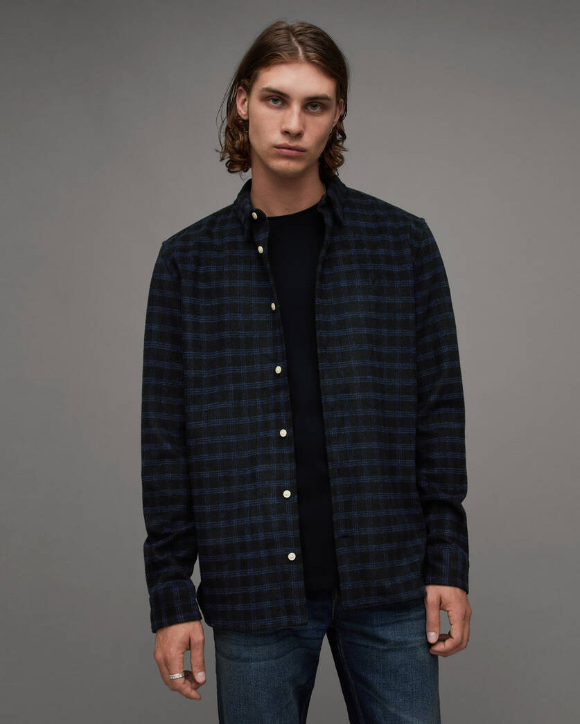 Volans Relaxed Fit Brushed Checked Shirt Jet Black | ALLSAINTS