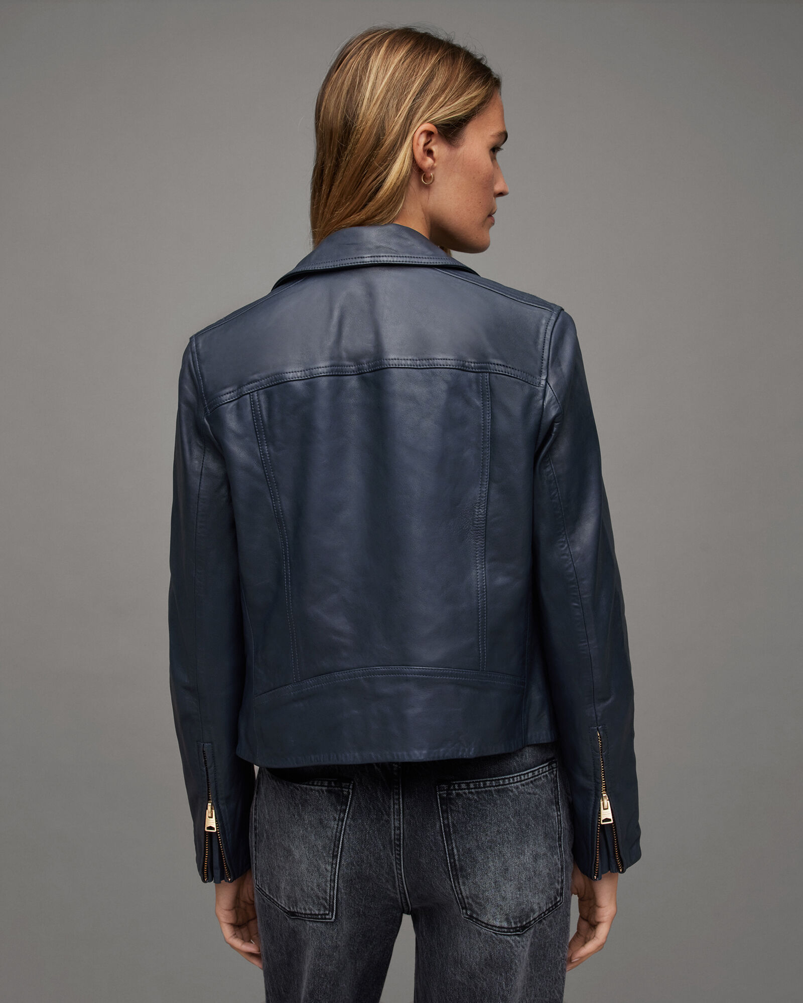 Dalby Slim Fit Leather Biker Jacket SQUID INK BLUE | ALLSAINTS