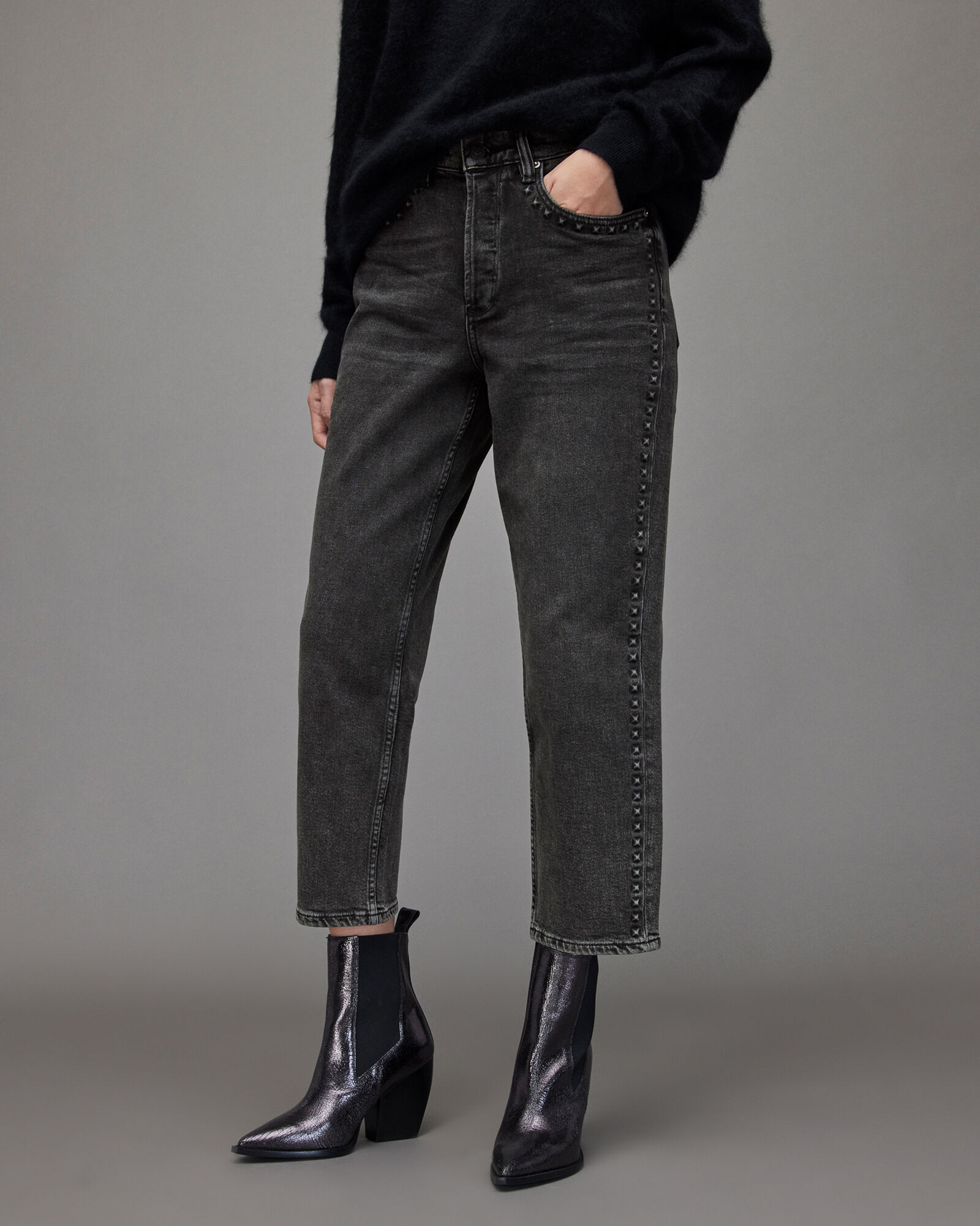 Avery High-Rise Studded Straight Jeans Washed Black | ALLSAINTS
