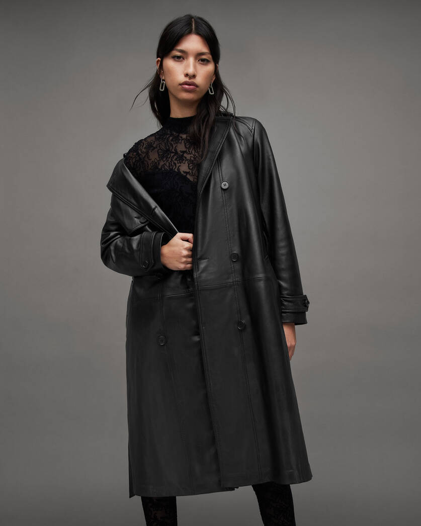 Okena Double Breasted Leather Trench Coat Black | ALLSAINTS