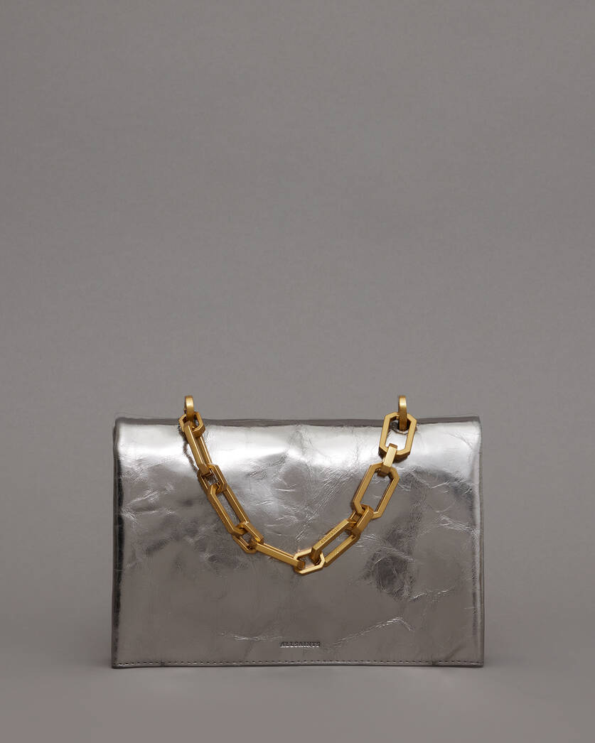 Yua Leather Removable Chain Clutch Bag Pewter | ALLSAINTS