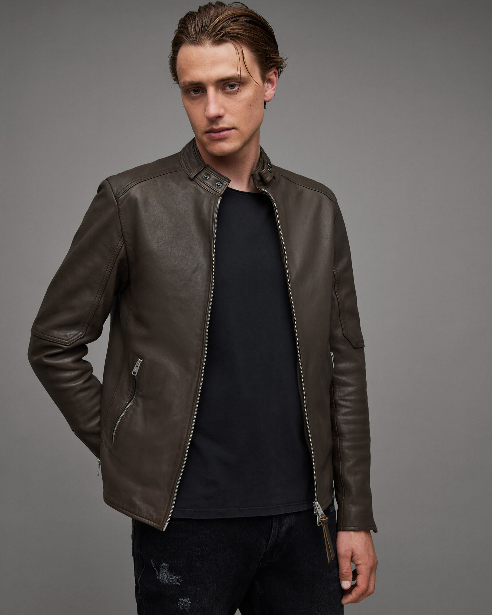 Cora Leather Snap Back Collar Jacket SPLINTER BROWN | ALLSAINTS