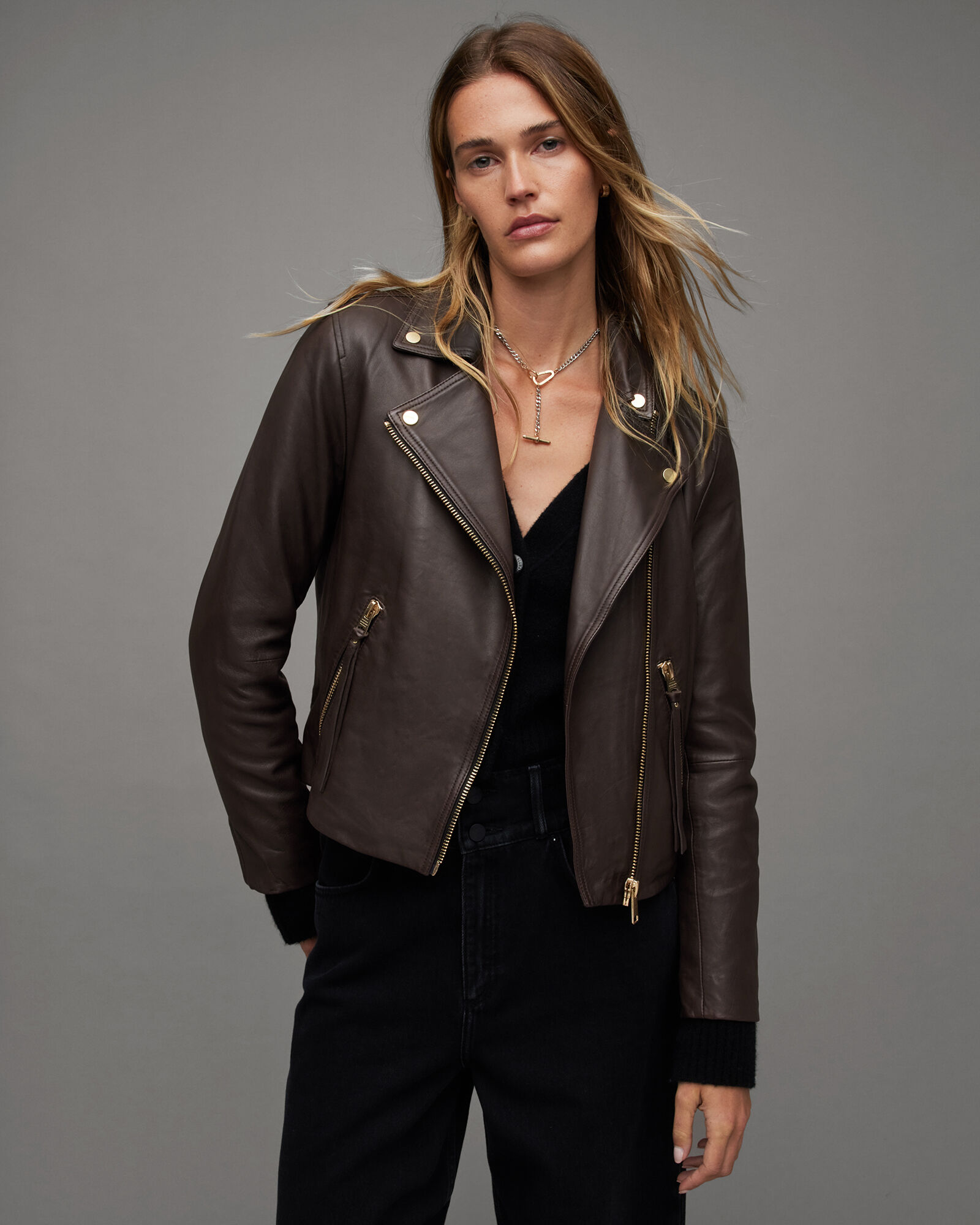 Dalby Slim Fit Leather Biker Jacket COGNAC BROWN | ALLSAINTS