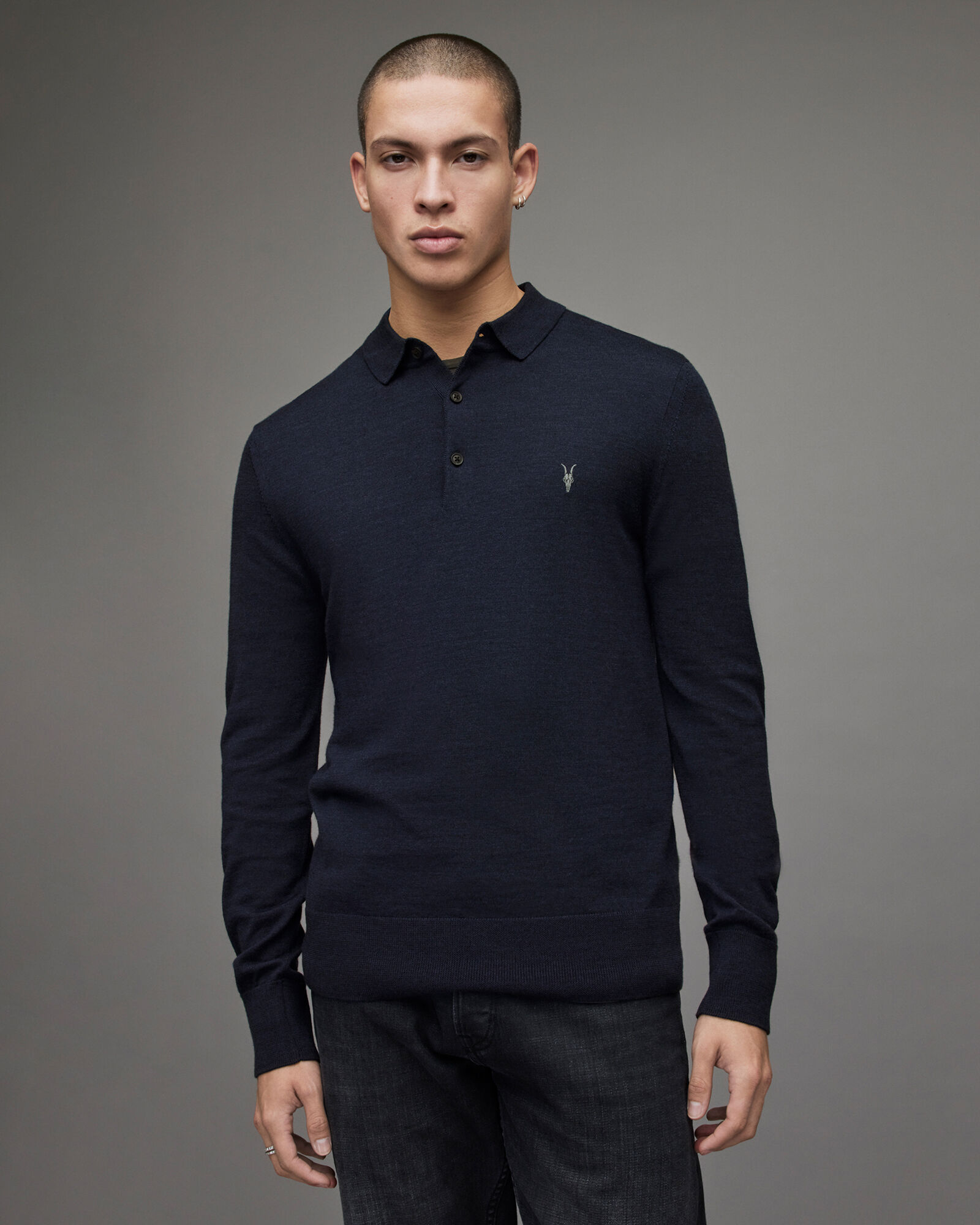 Mode Merino Long Sleeve Polo Shirt DEEP BLUE MARL ALLSAINTS