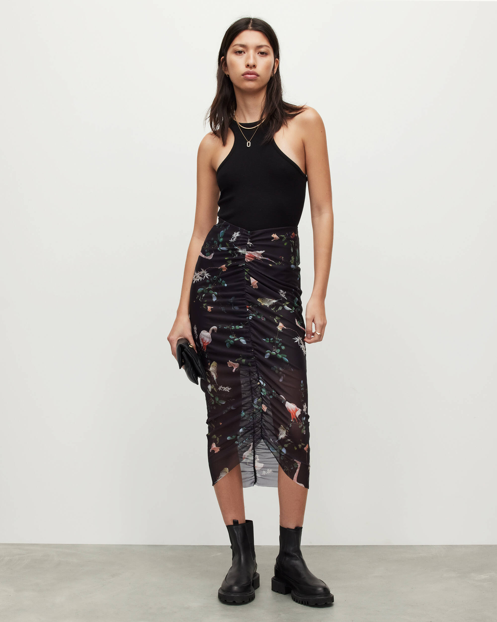 Tessia Fabia Floral Midi Skirt BLACK/PINK | ALLSAINTS