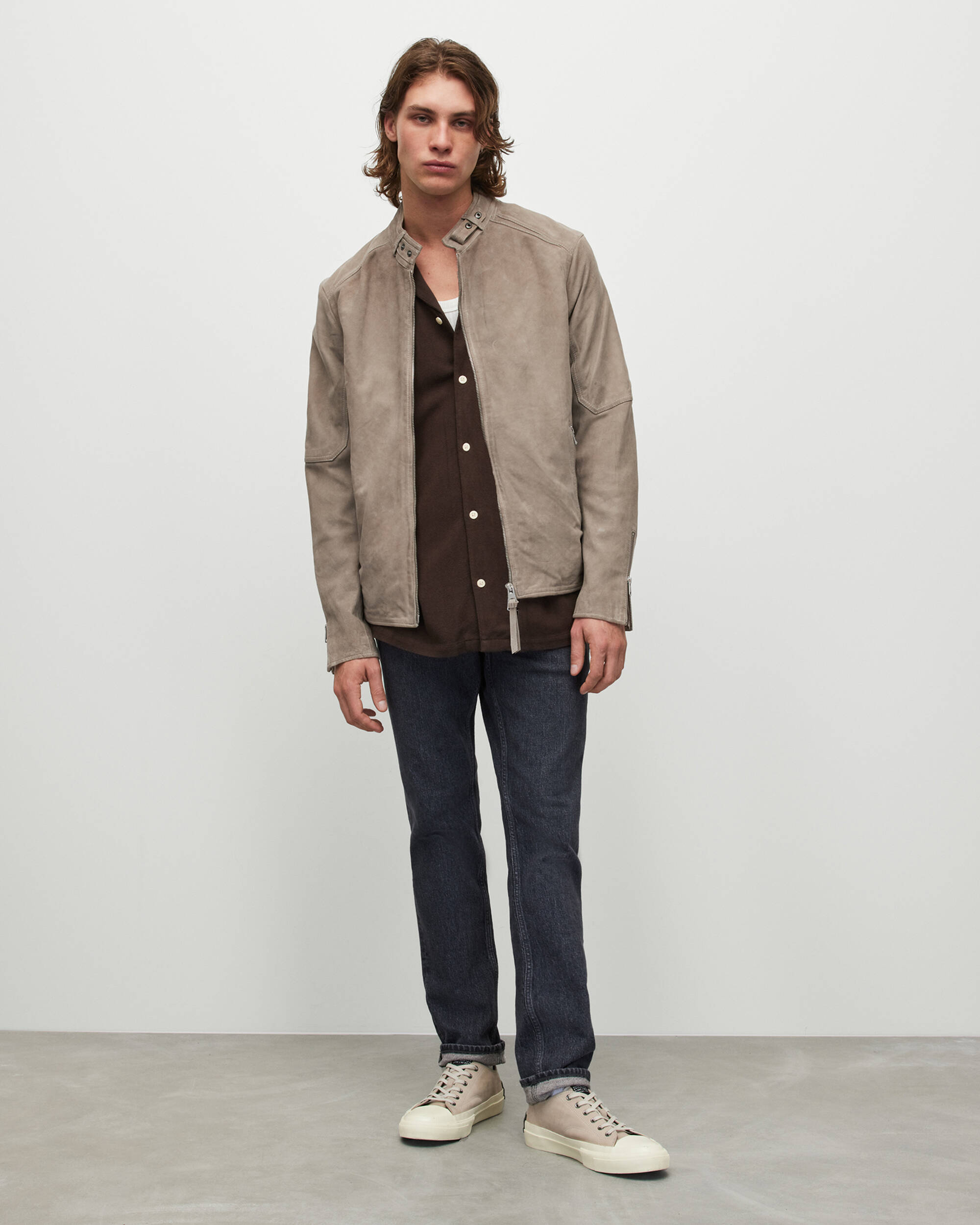 Cora Suede Snap Back Collar Jacket FROSTED TAUPE | ALLSAINTS Canada