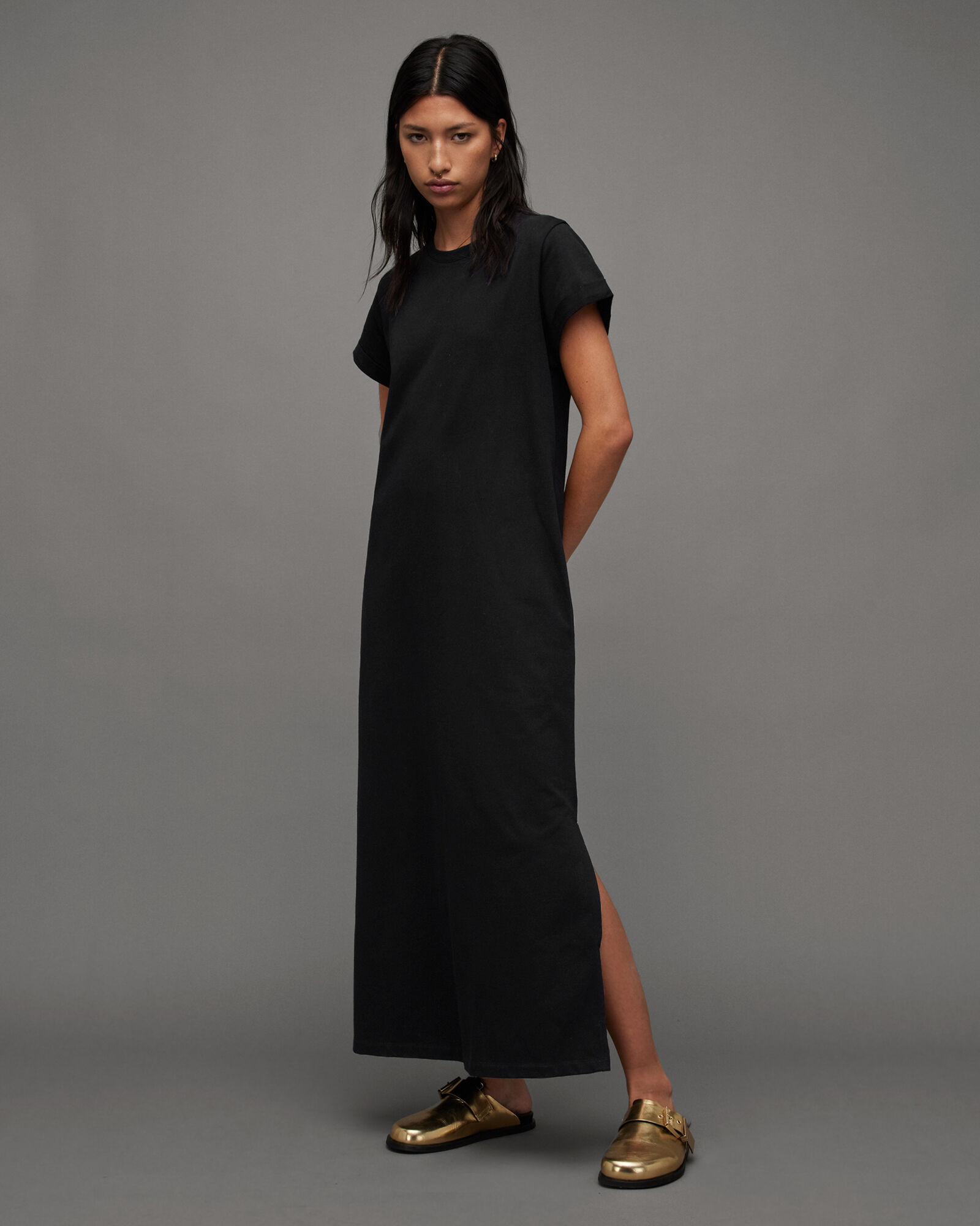 Anna Crew Neck Short Sleeve Maxi Dress Black | ALLSAINTS
