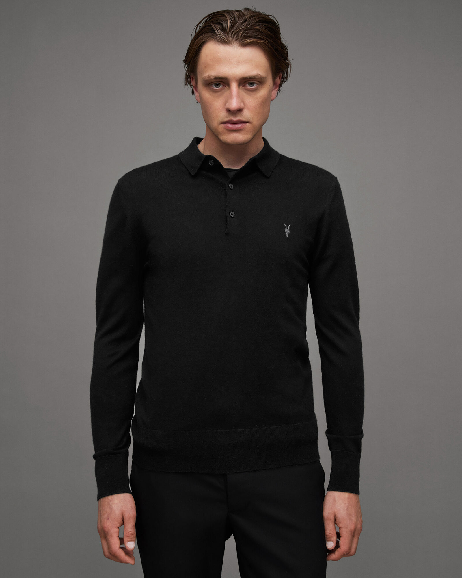 Mode Merino Long Sleeve Polo Shirt Black | ALLSAINTS