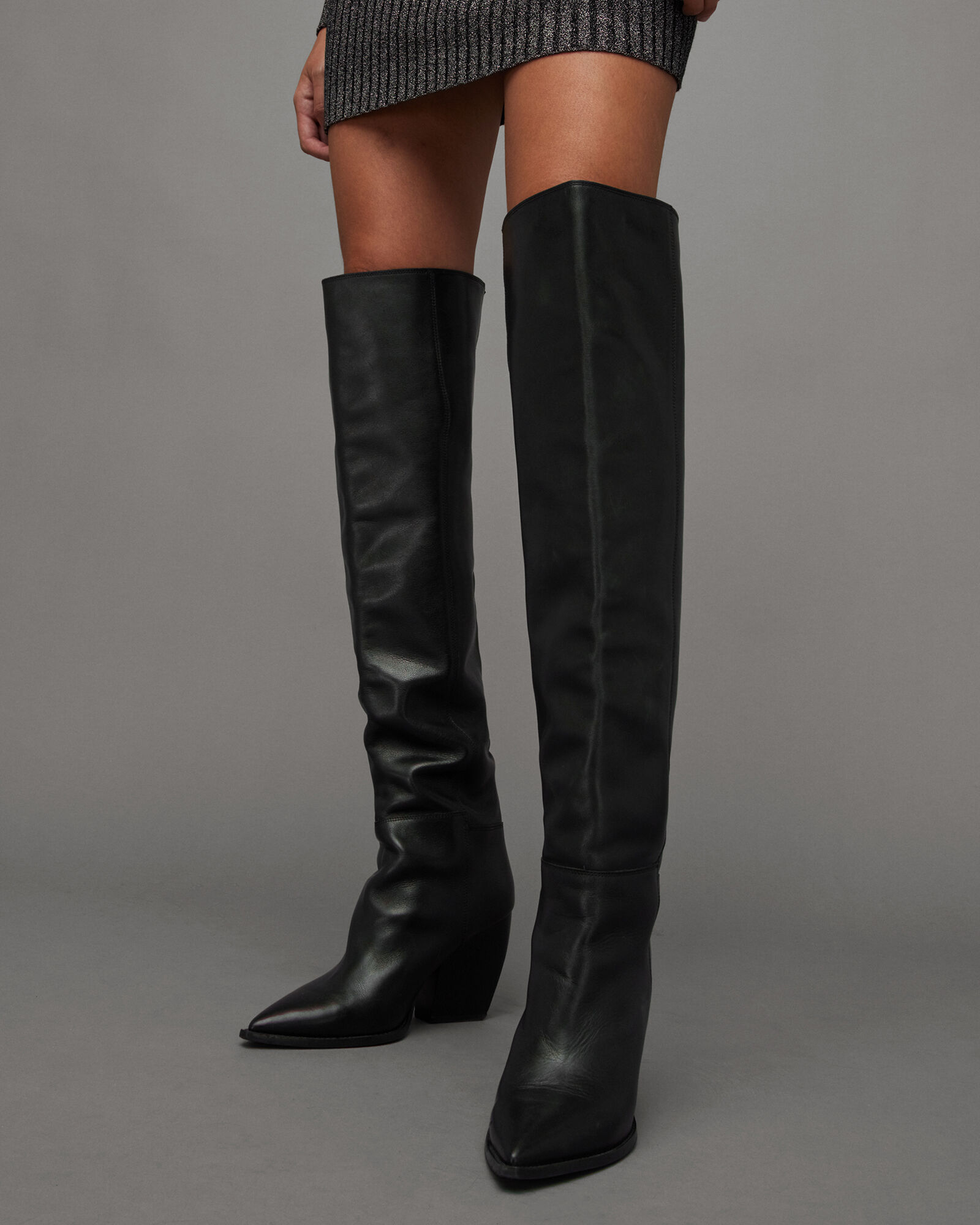 Reina Over Knee Leather Heeled Boots Black | ALLSAINTS