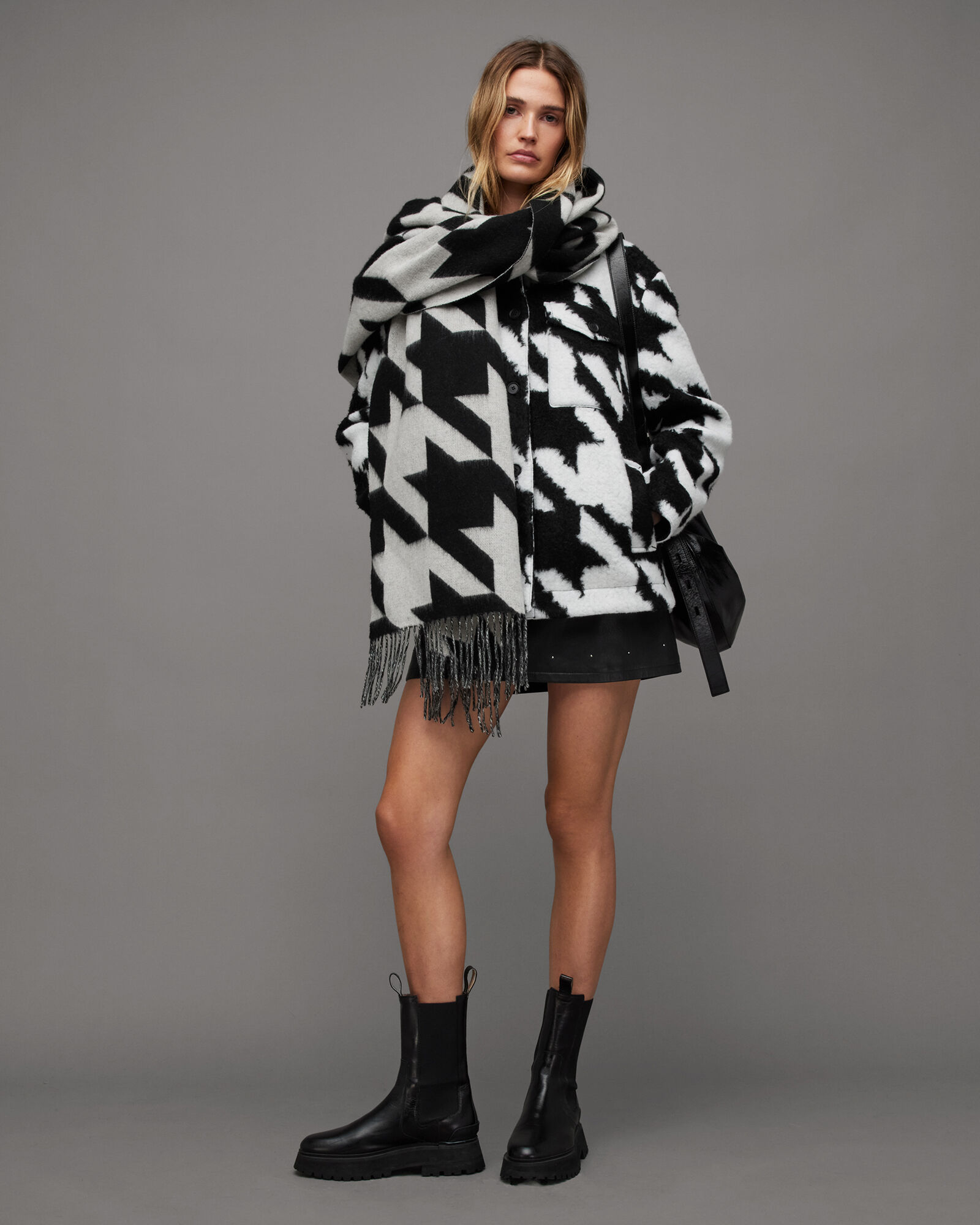 Rosey Relaxed Houndstooth Shirt Jacket Black/White ALLSAINTS