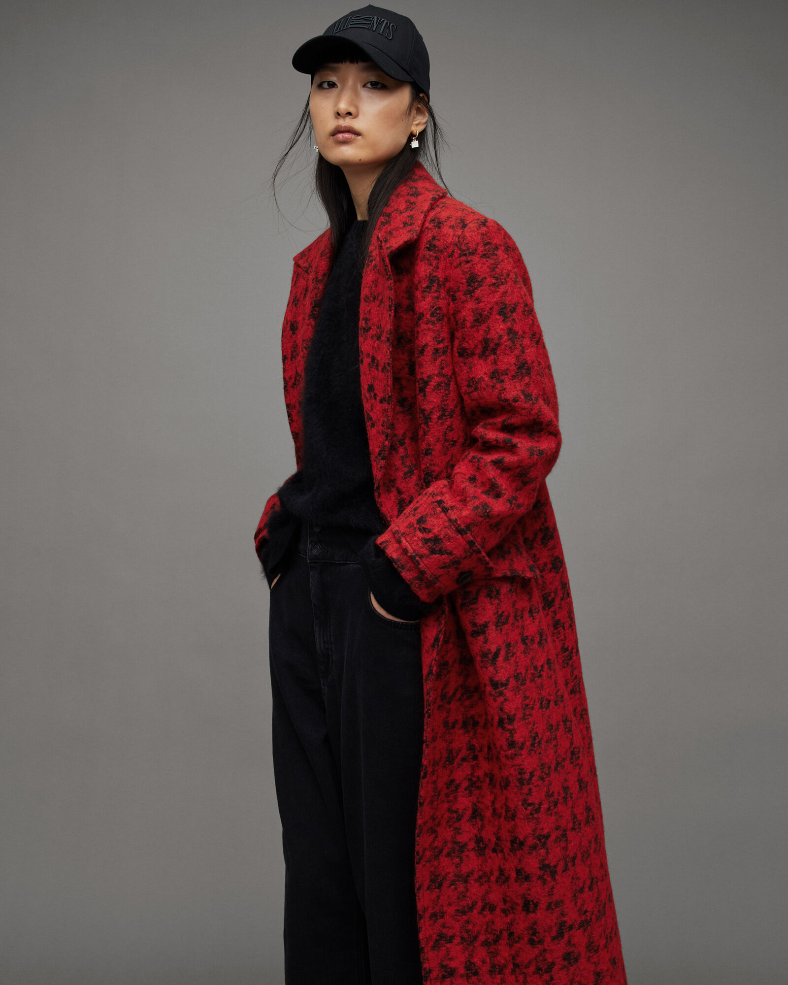 Mabel Double Breasted Houndstooth Coat Red ALLSAINTS