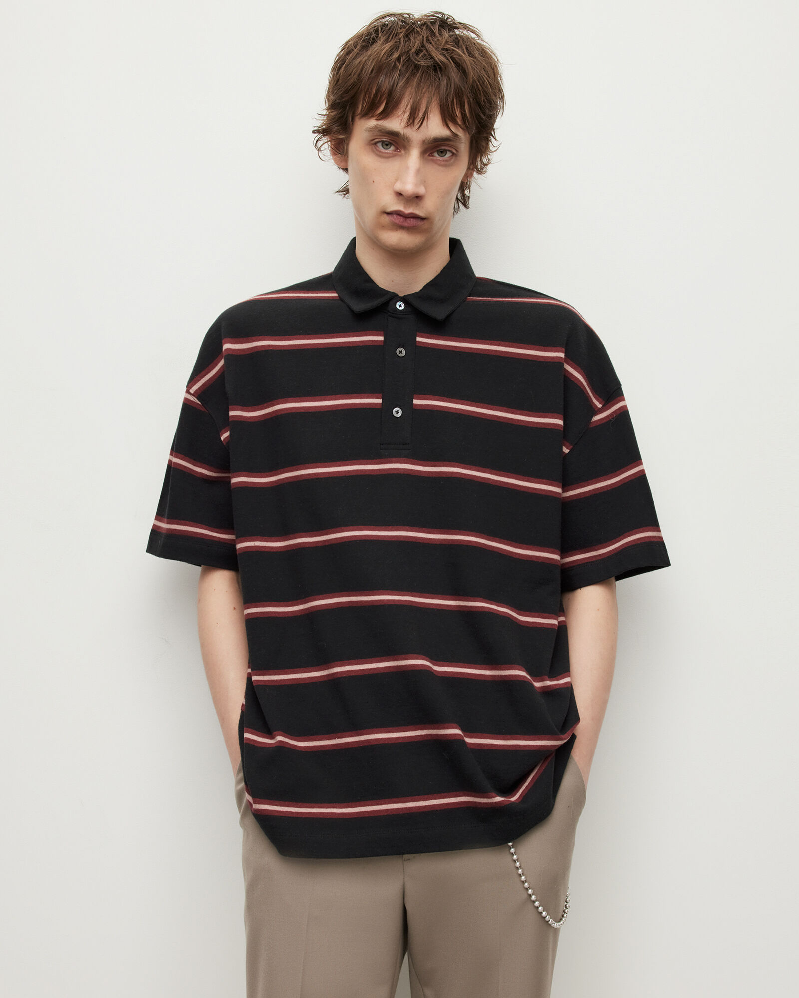 Arden Short Sleeve Striped Polo Shirt BLK/RED/ASHED PINK | ALLSAINTS