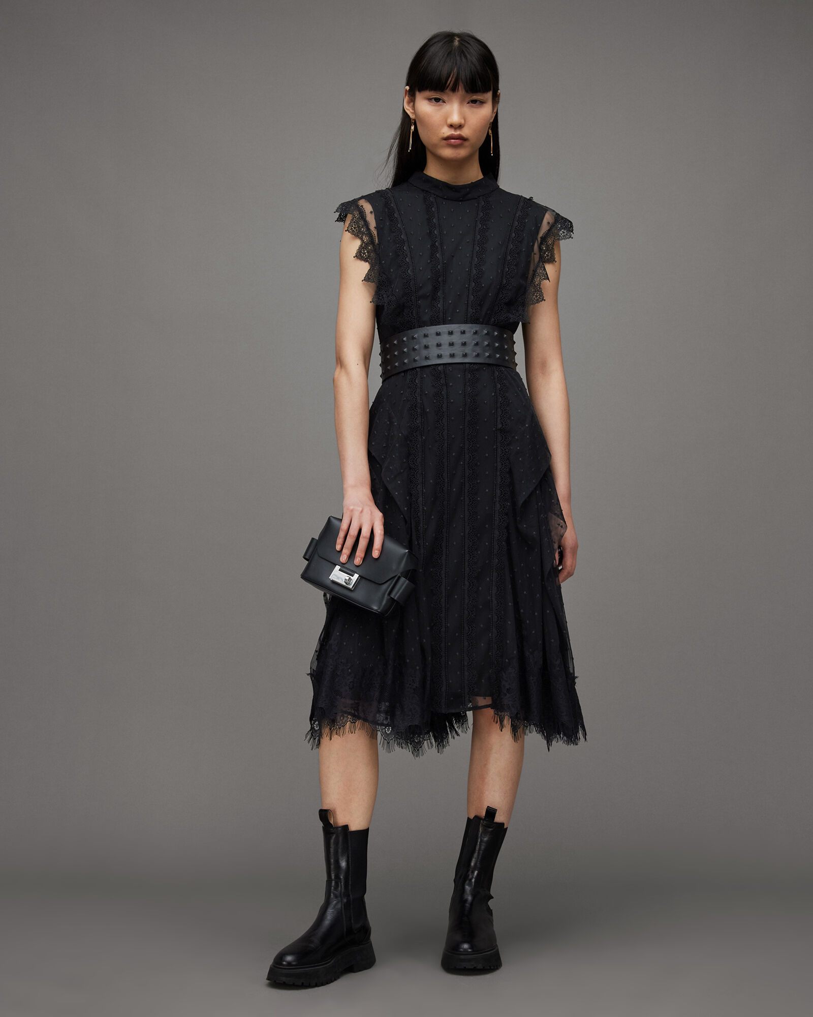 Freya Lace Asymmetric Hem Midi Dress Black | ALLSAINTS