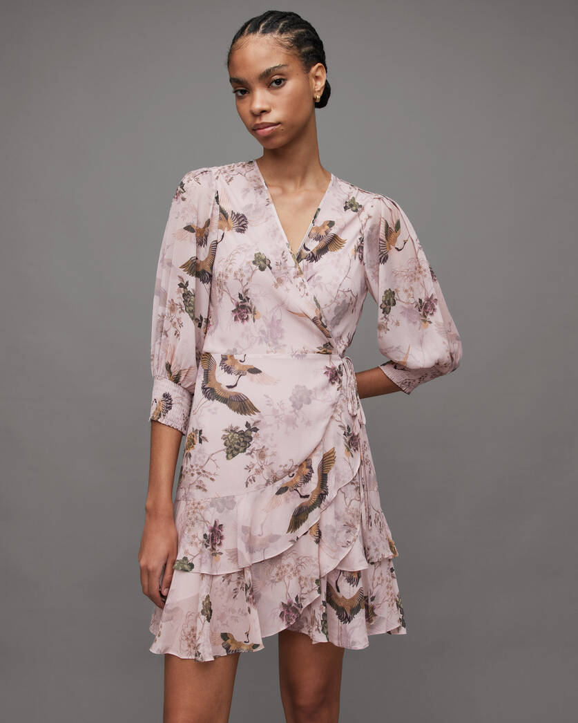 Ari Peggy Floral Print Mini Wrap Dress Dusty Pink | ALLSAINTS