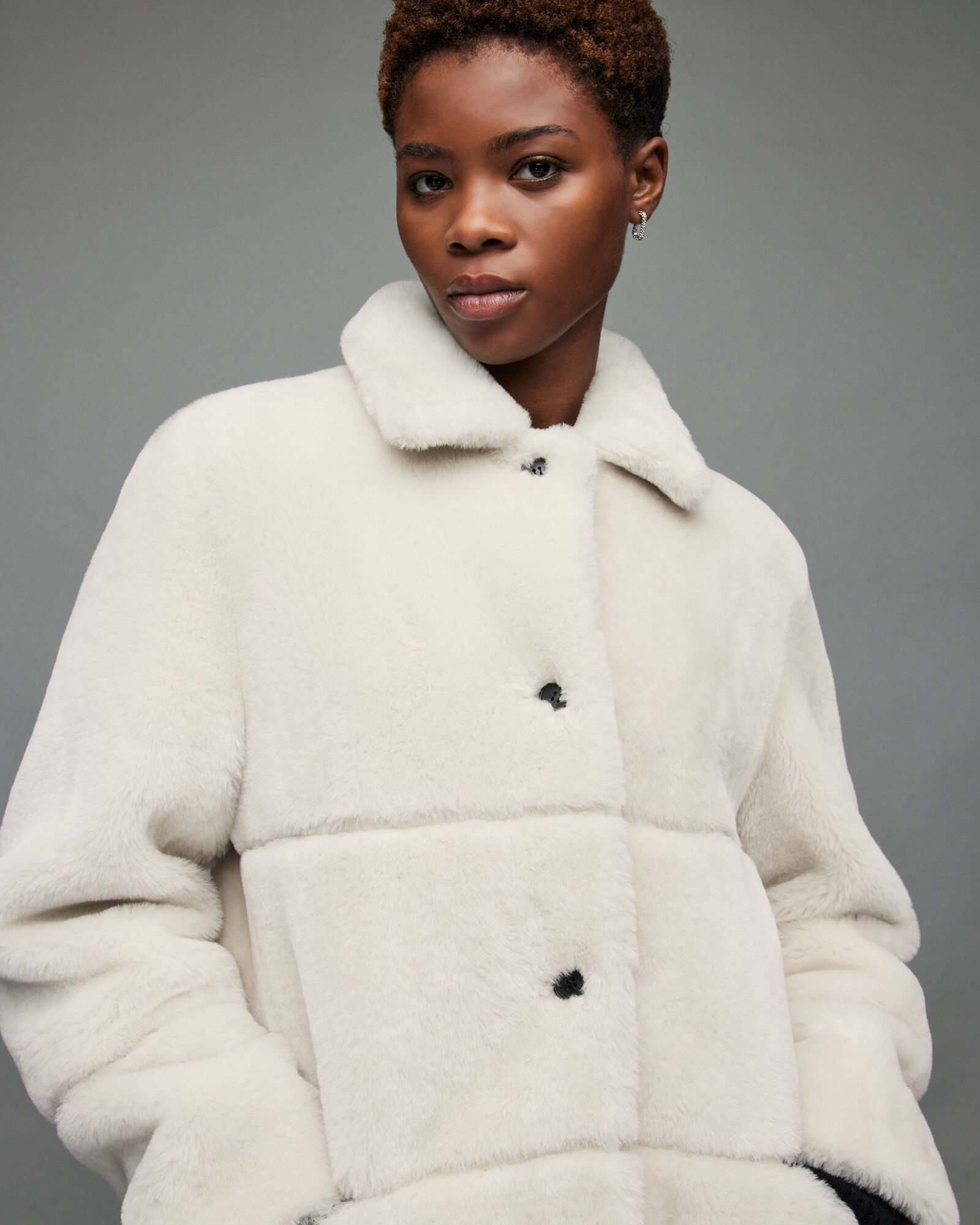 AllSaints Mens Serra Shearling Taped Coat, White, Size: XS