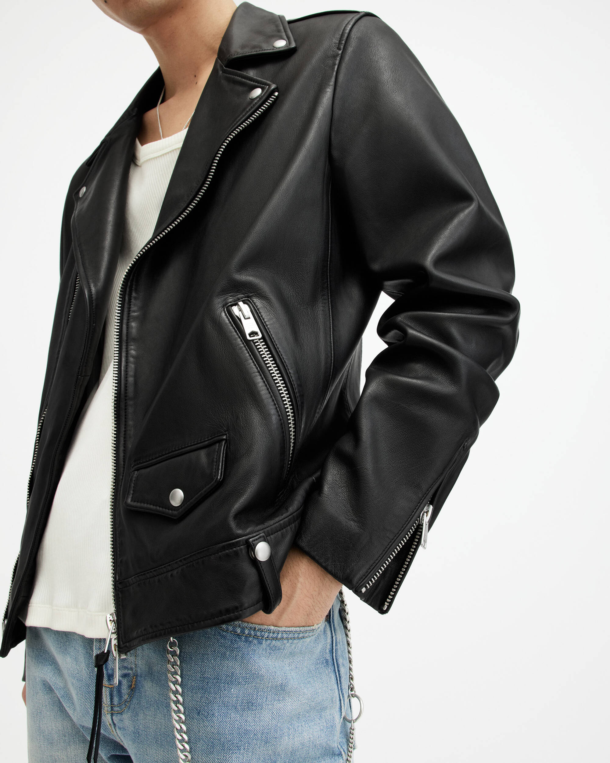 Milo Asymmetric Zip Leather Biker Jacket Black | ALLSAINTS