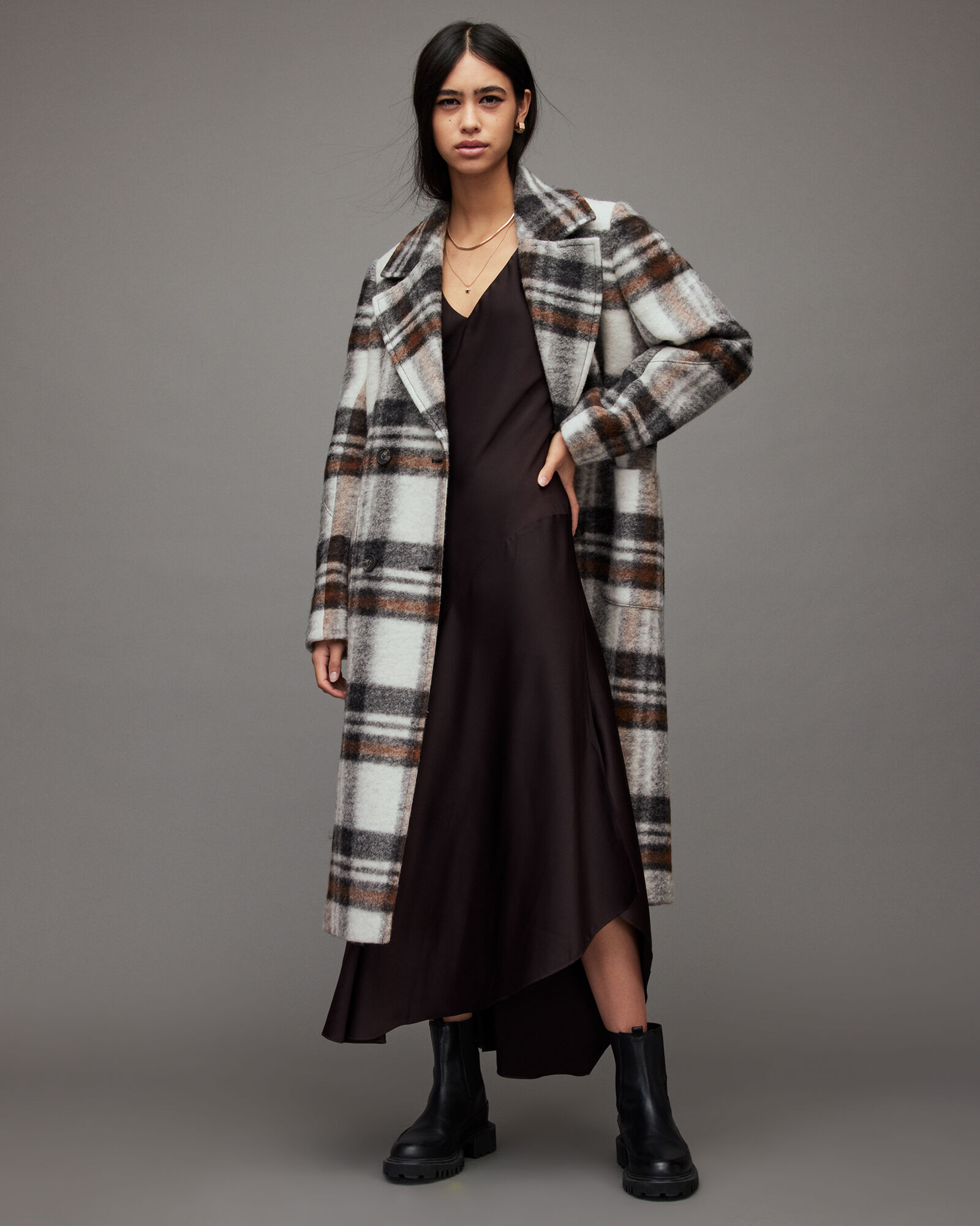 Esme Relaxed Checked Coat BLACK/WHITE/BROWN | ALLSAINTS