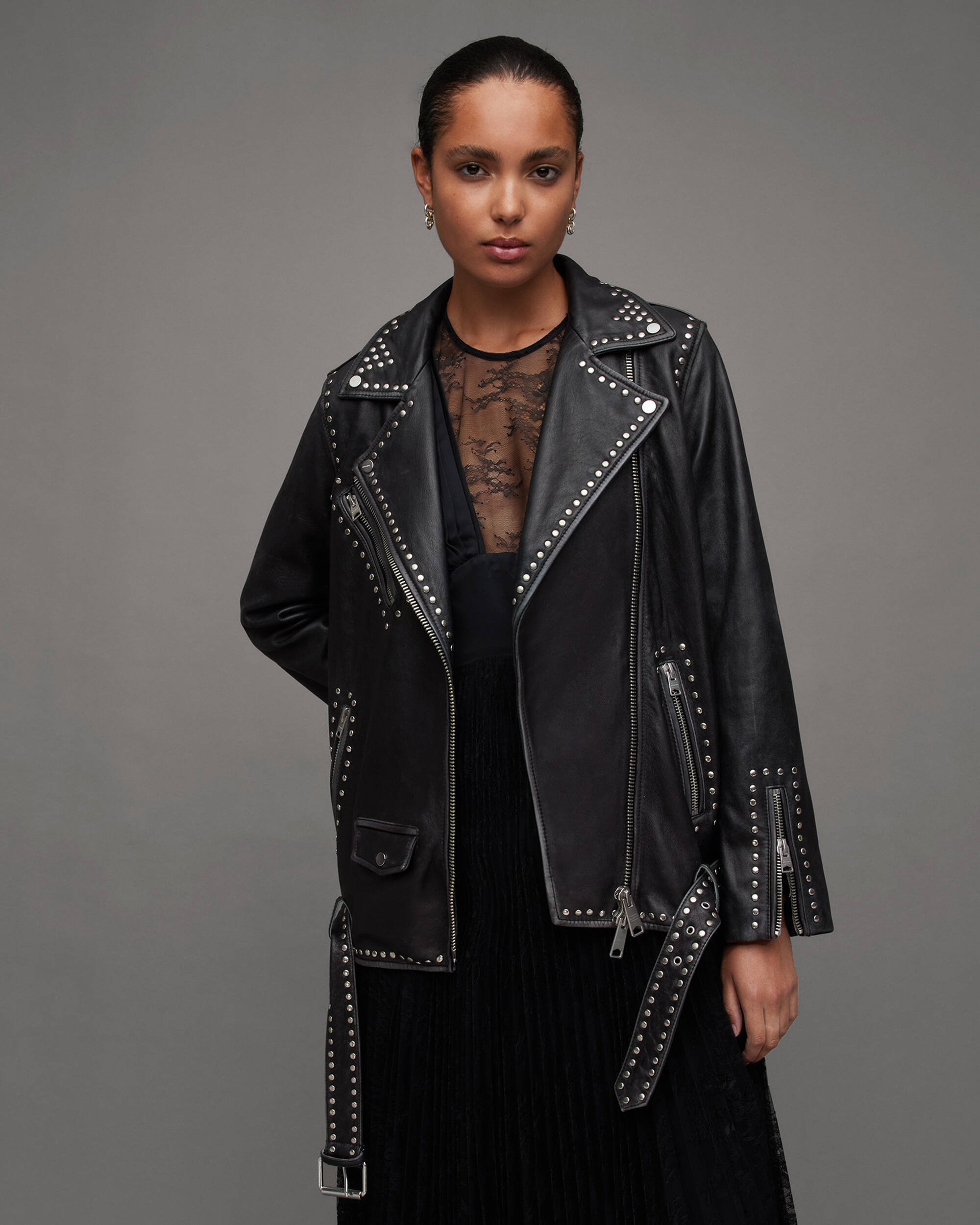 Billie Leather Rocker Studded Biker Jacket Washed Black | ALLSAINTS Canada