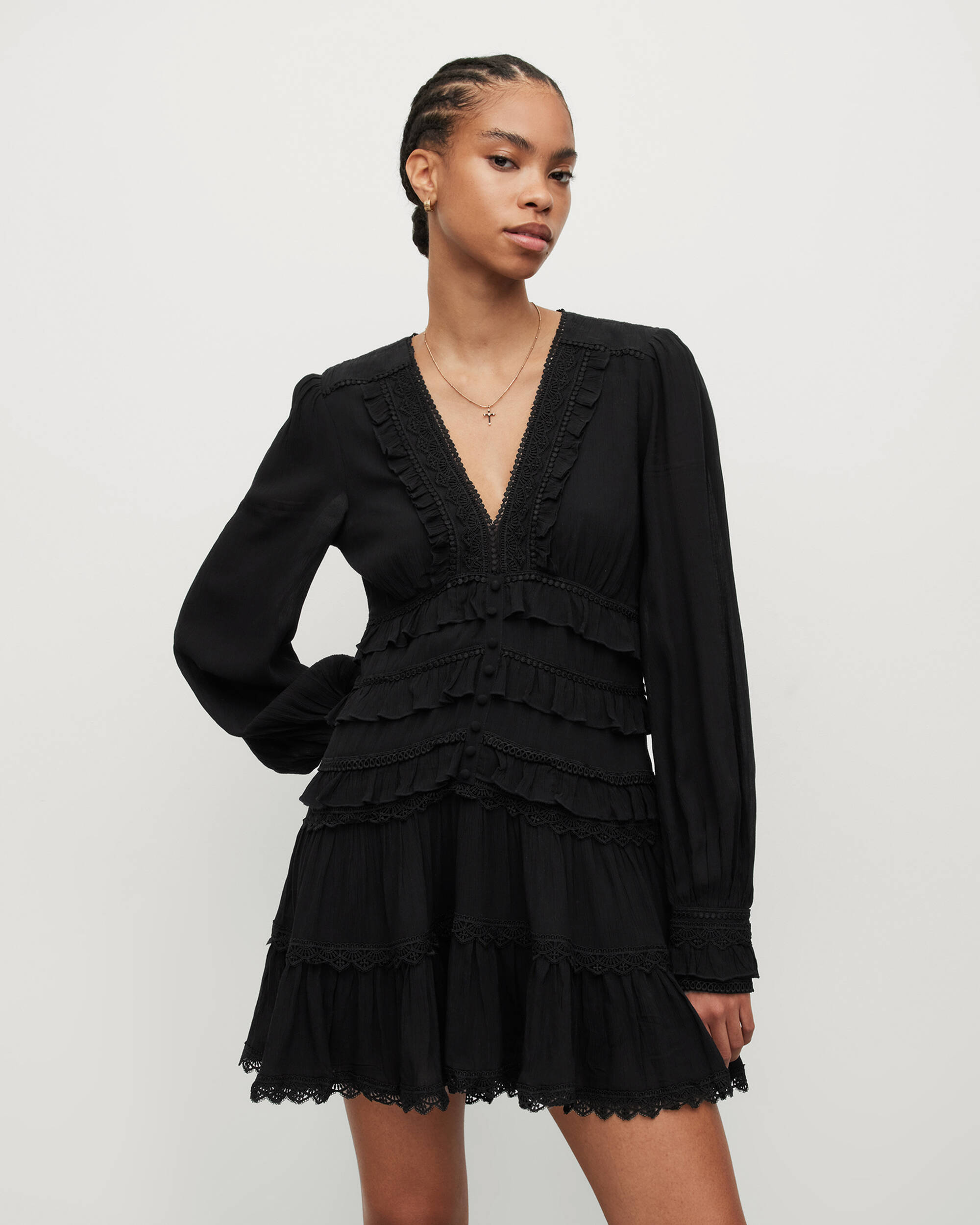 Zora V-Neck Ruffled Mini Dress Black | ALLSAINTS