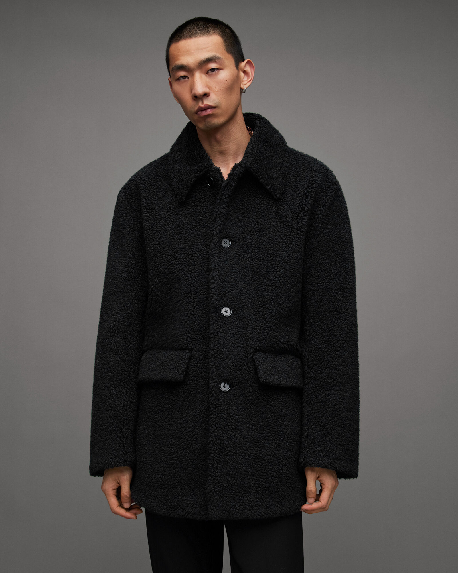 Albian Teddy Cloth Relaxed Fit Coat Black | ALLSAINTS