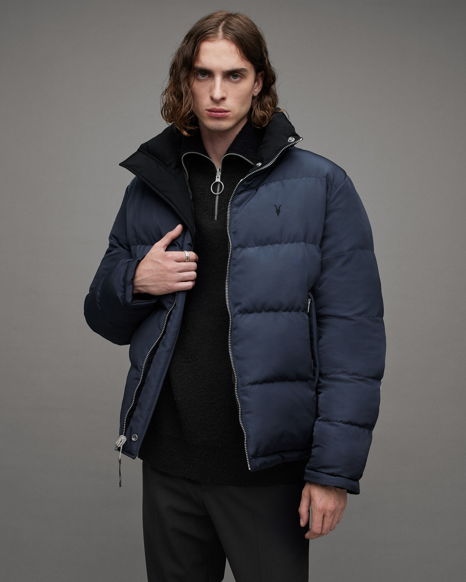 AllSaints Mens Novern Reversible Puffer Jacket, black/blue, Size: XS