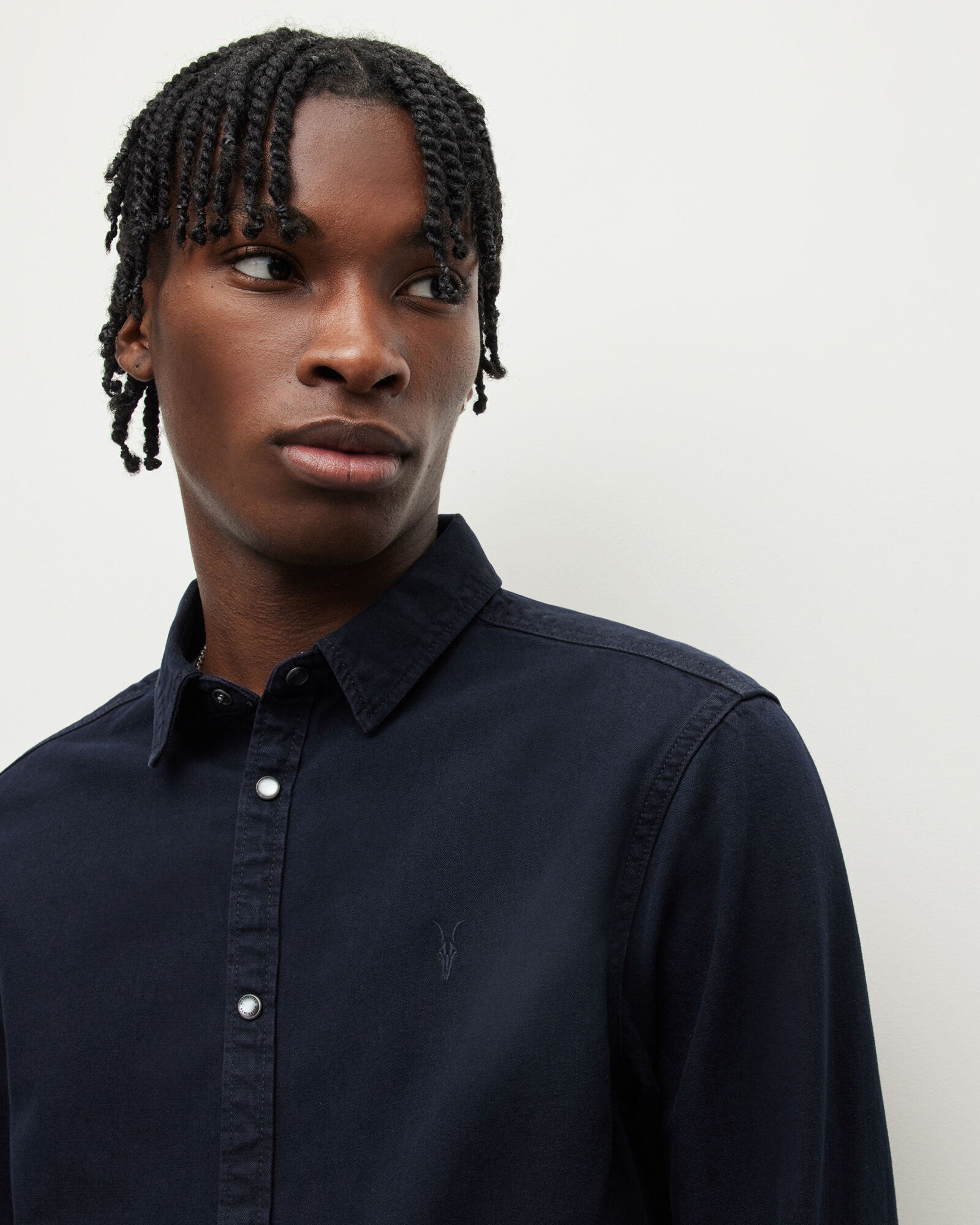 Gleason Press Stud Ramskull Denim Shirt BLUE BLACK ALLSAINTS