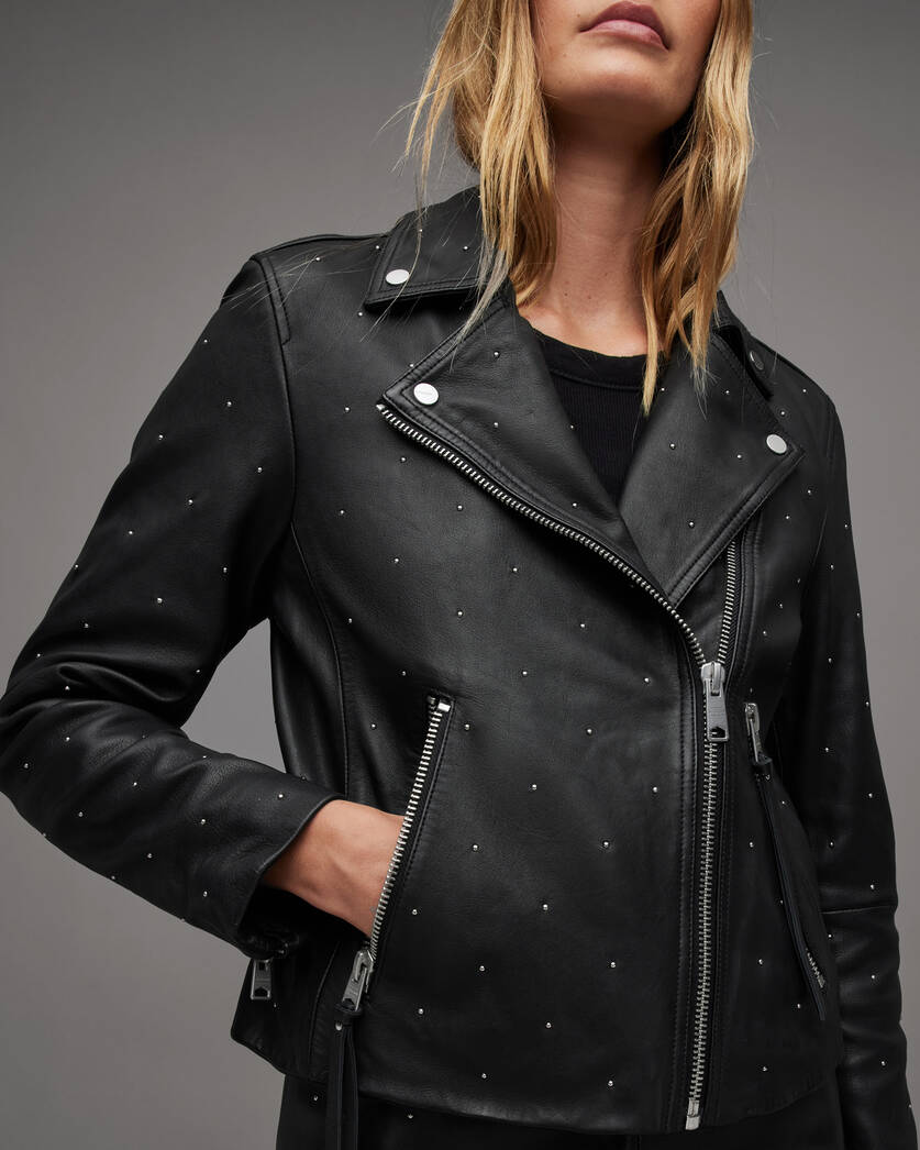 Dalby Pin-Studded Leather Biker Jacket Black | ALLSAINTS