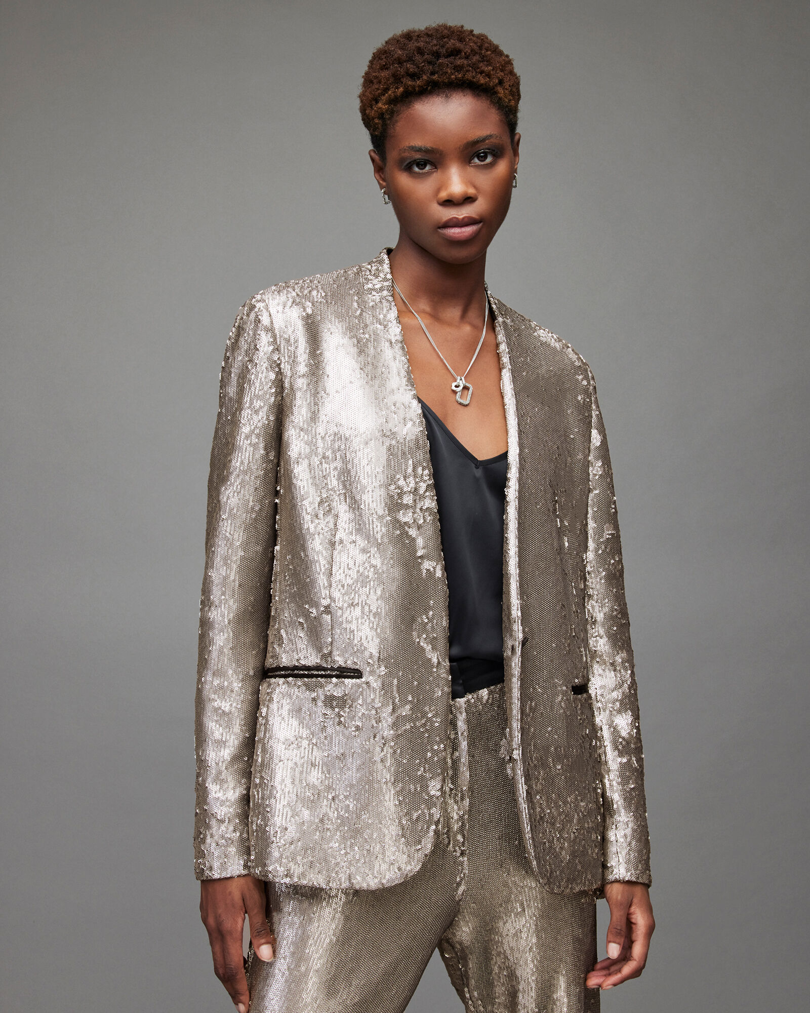 Leigh Sequin Blazer Silver ALLSAINTS