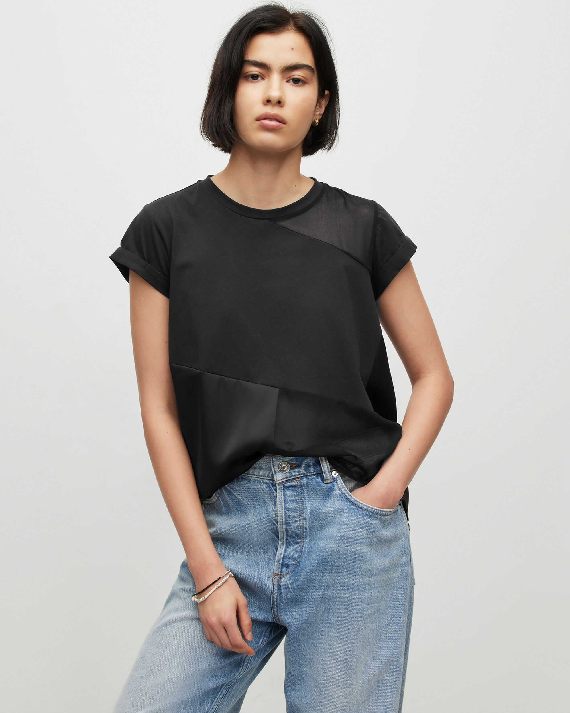 Zala Panelled Handkerchief Hem T-Shirt Black ALLSAINTS