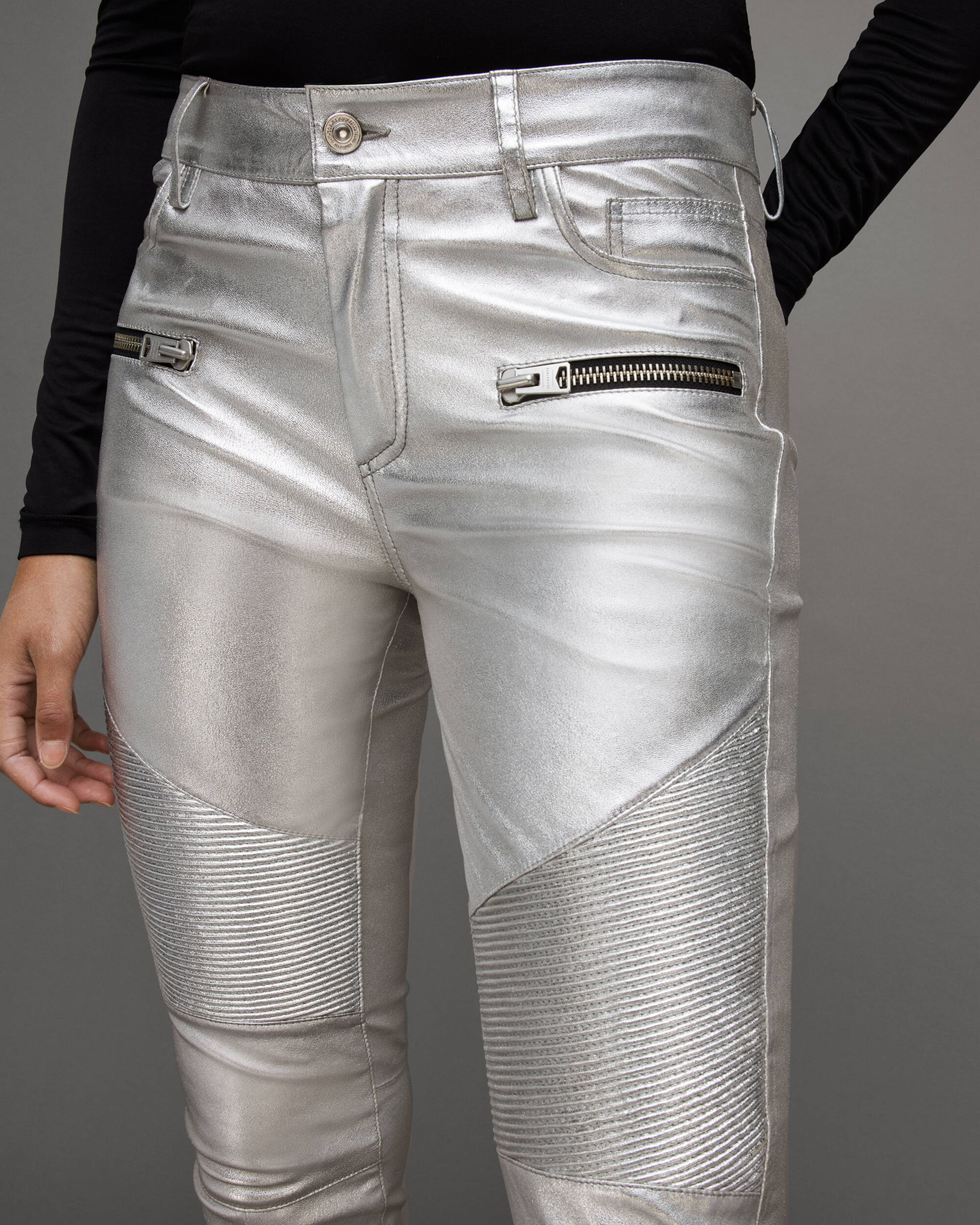 fisk Bot periskop Suri Metallic Coated Leather Biker Jeans Silver | ALLSAINTS