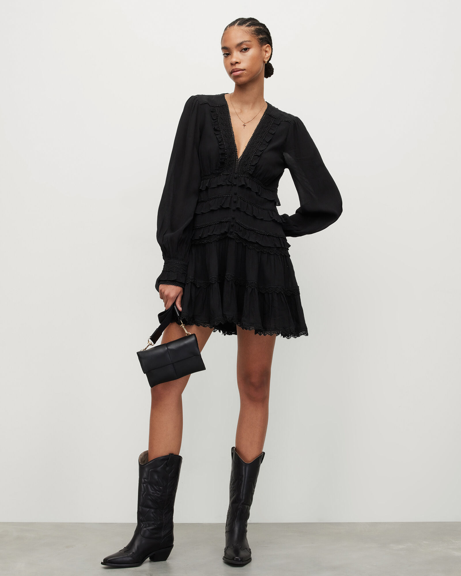 Zora V-Neck Ruffled Mini Dress Black | ALLSAINTS