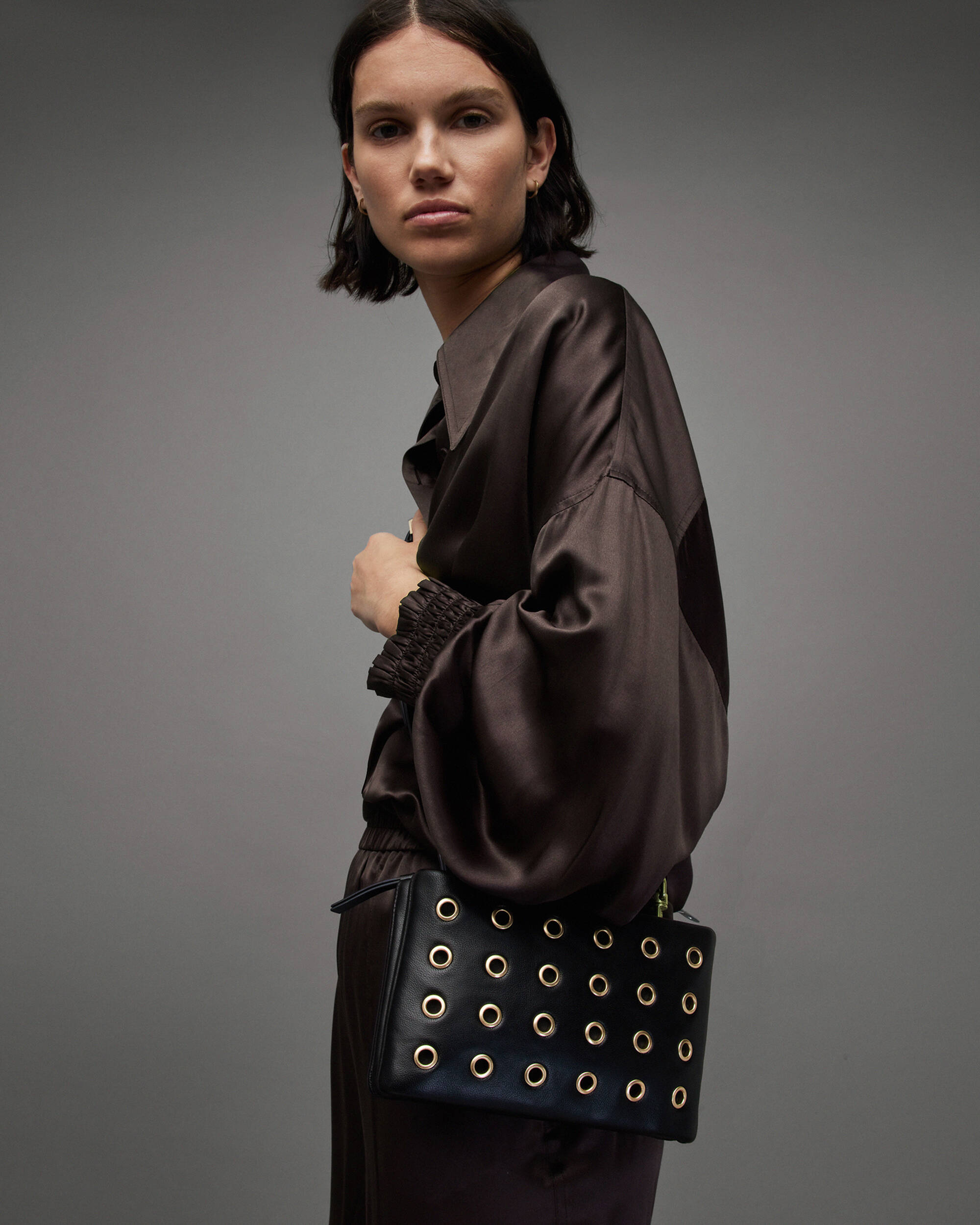 Mila Eyelet Leather Crossbody Bag Black | ALLSAINTS Canada