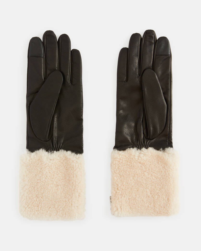 Sasha Leather Faux Shearling Trim Gloves BLACK/ECRU WHITE | ALLSAINTS