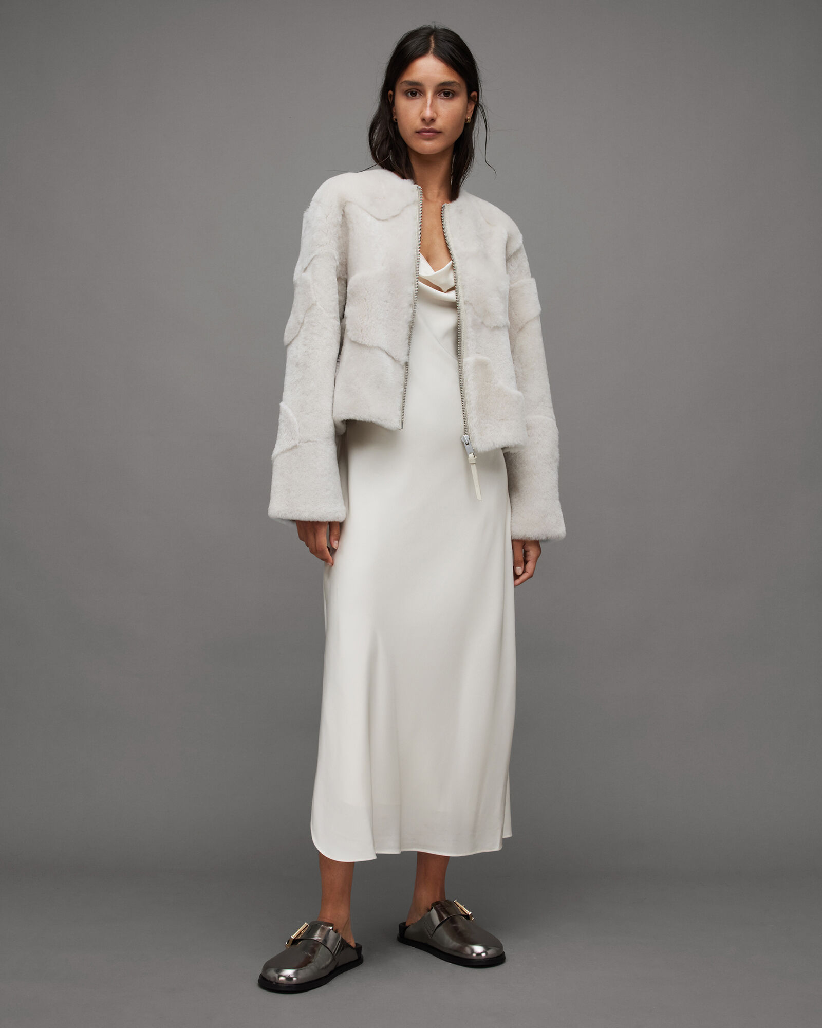 Hania Relaxed Fit Shearling Jacket Off White | ALLSAINTS