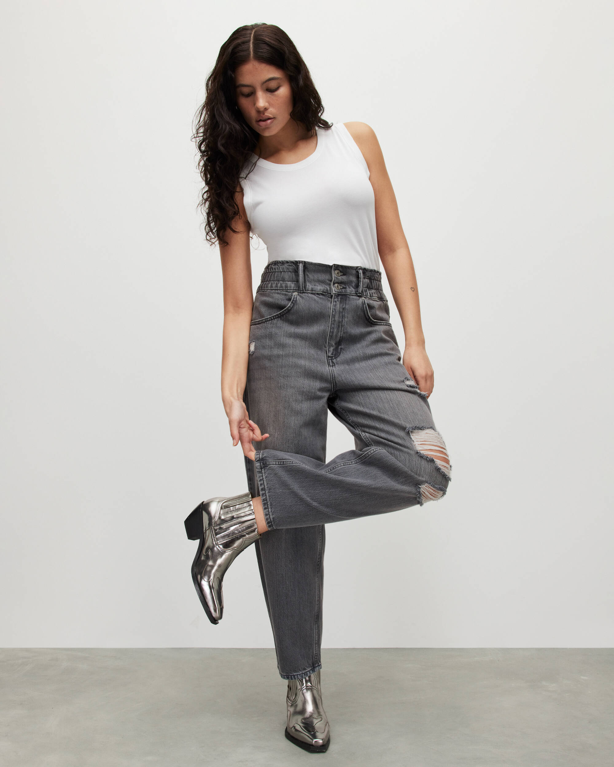 Hailey High-Rise Destroy Tapered Jeans Washed Grey | ALLSAINTS