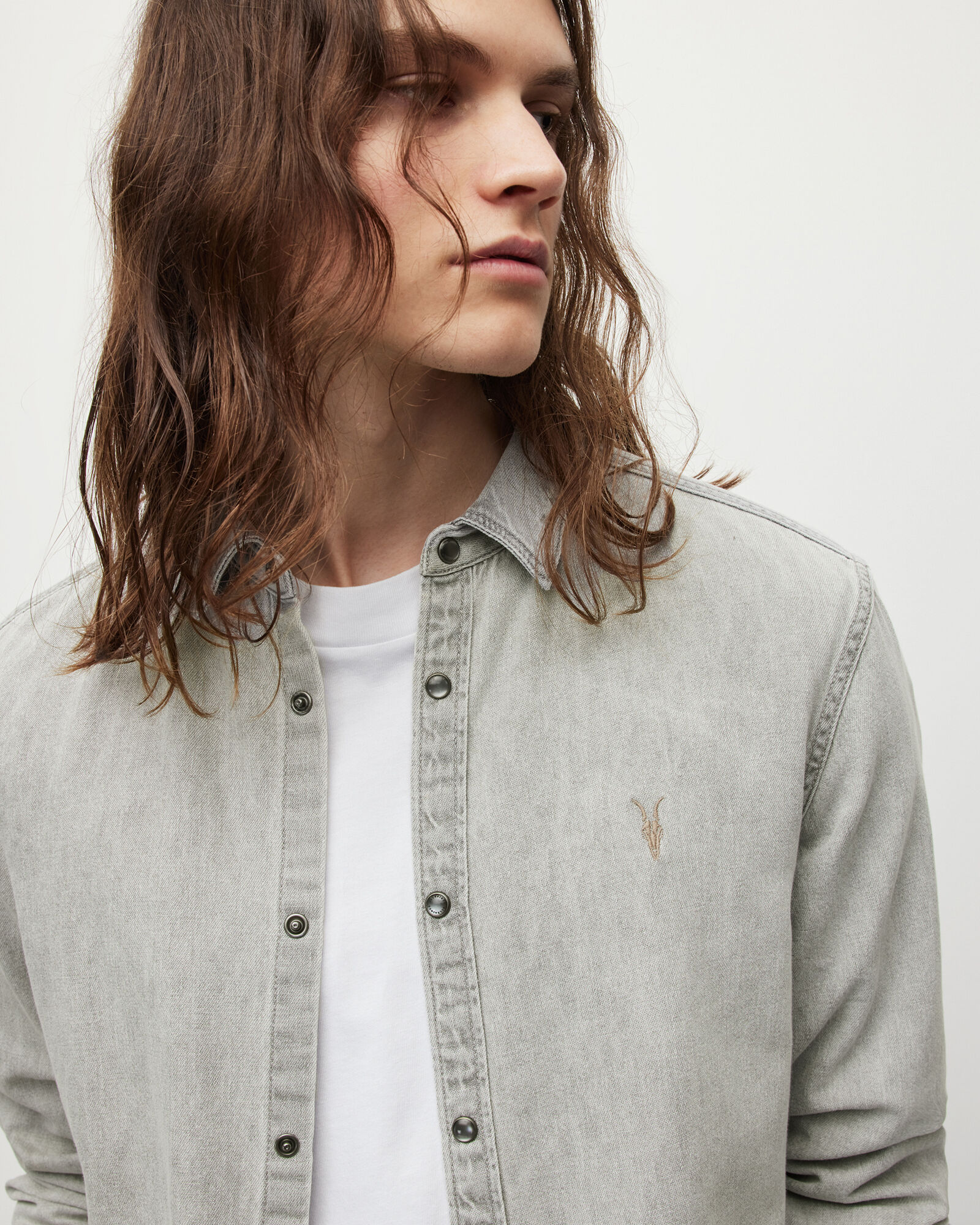 Gleason Press Stud Ramskull Denim Shirt Grey ALLSAINTS