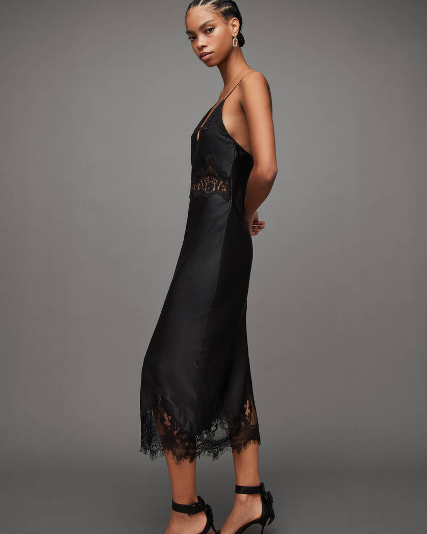 Ophelia Silk Blend Lace Trim Slip Dress Black | ALLSAINTS