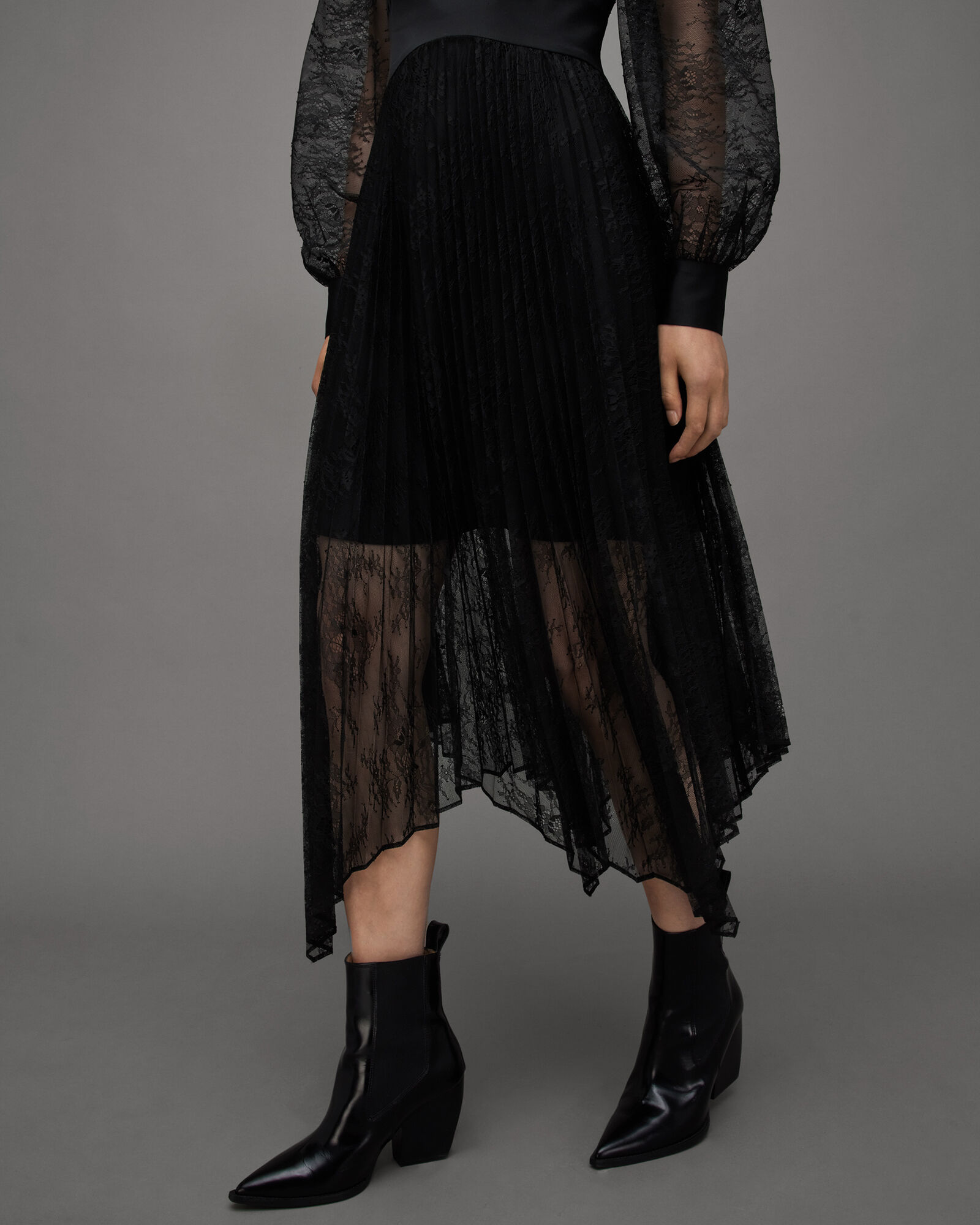 Norah Lace Pleated Asymmetric Maxi Dress