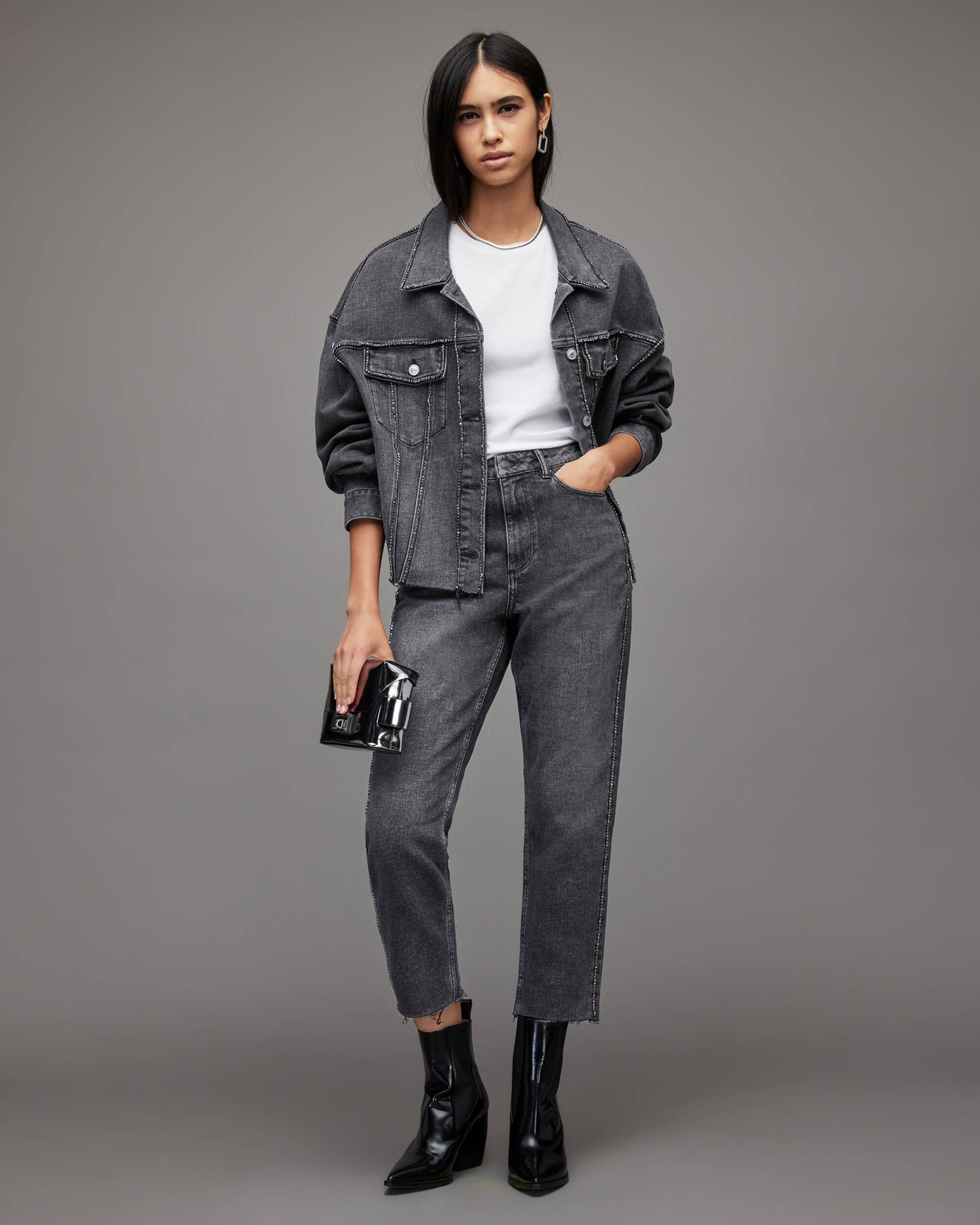 Rali High-Rise Relaxed Diamante Jeans Washed Black | ALLSAINTS